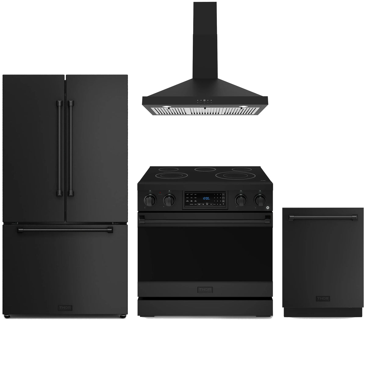 Black kitchen appliance set with range hood, electric range, refrigerator, and dishwasher