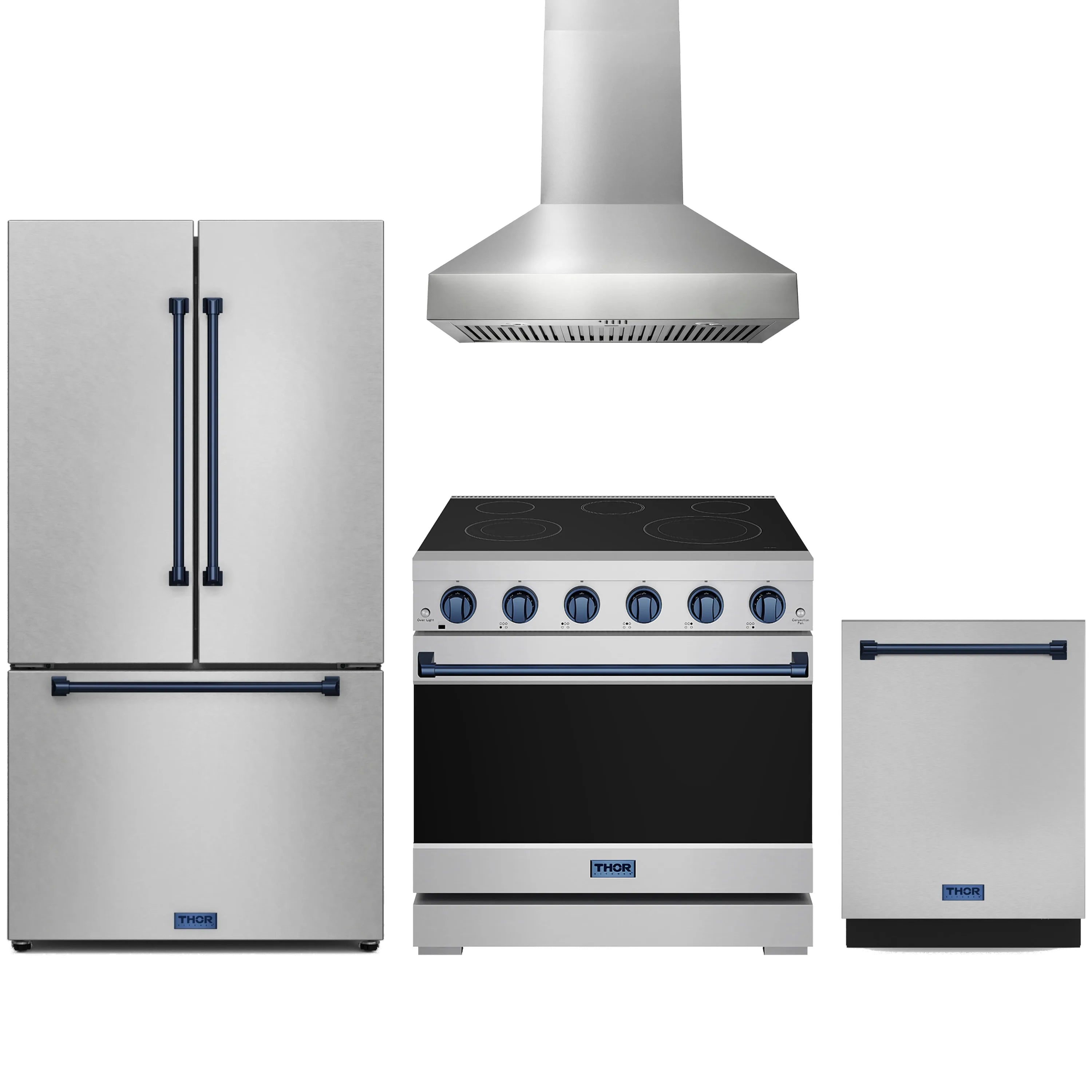 Stainless steel appliance package with counter-depth refrigerator, electric range, hood, and dishwasher