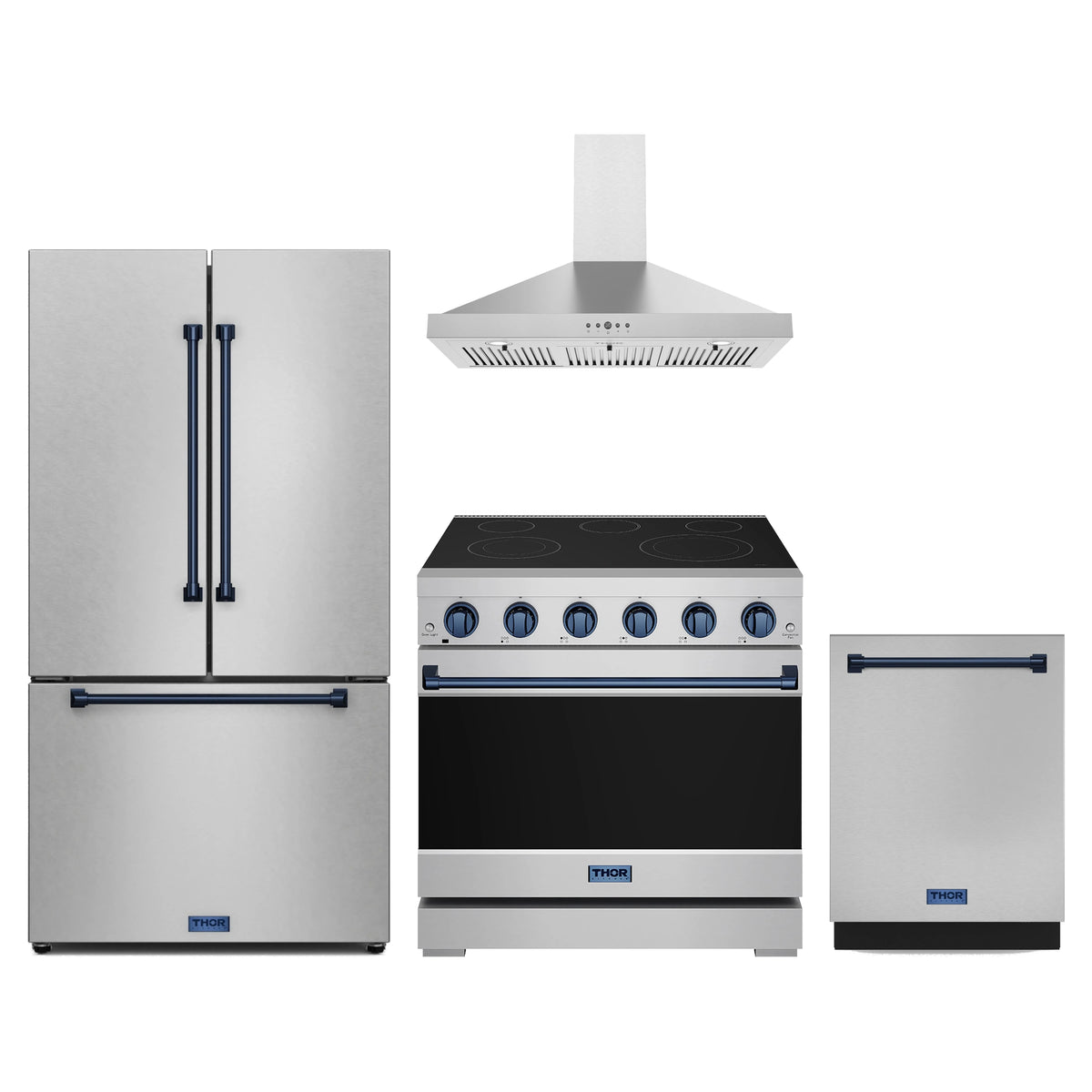 Gordon Ramsay by Thor Kitchen 4-Piece Appliance Package - 36-Inch Electric Range, Counter-Depth Refrigerator, Wall Mount Hood, & Dishwasher in Stainless Steel with Blue Trim