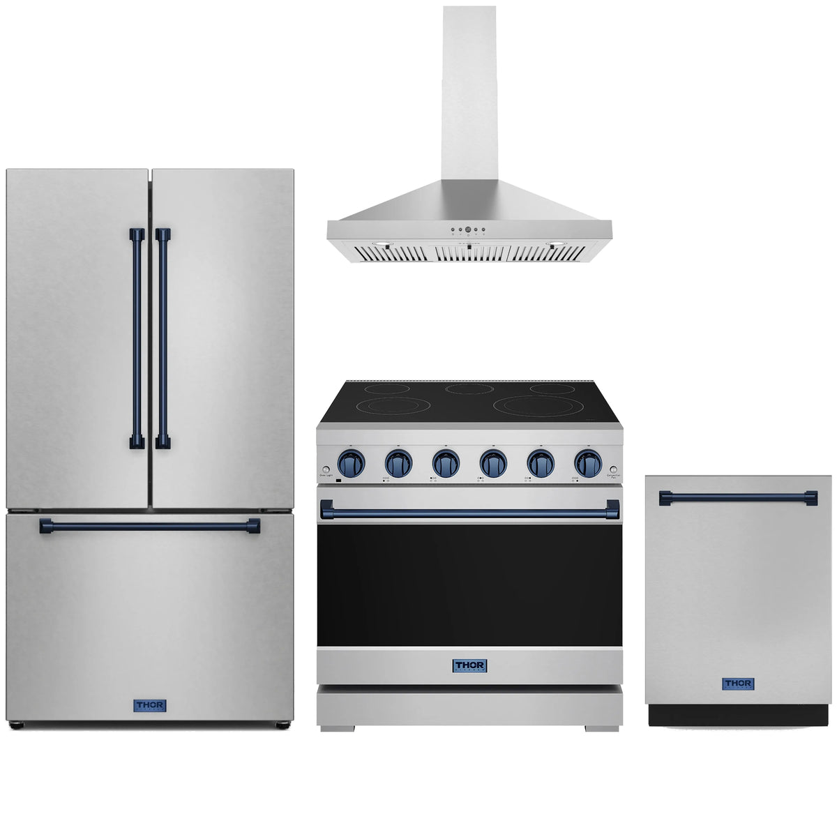 Stainless steel appliance package with counter-depth refrigerator, electric range, hood, and dishwasher