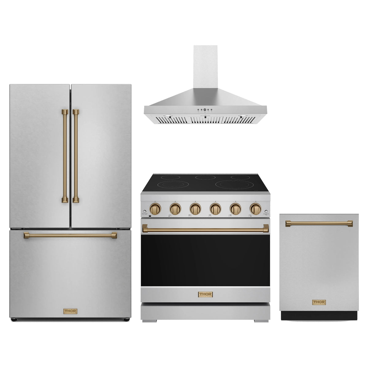 Gordon Ramsay by Thor Kitchen 4-Piece Appliance Package - 36-Inch Electric Range, Counter-Depth Refrigerator, Wall Mount Hood, & Dishwasher in Stainless Steel with Bronze Trim