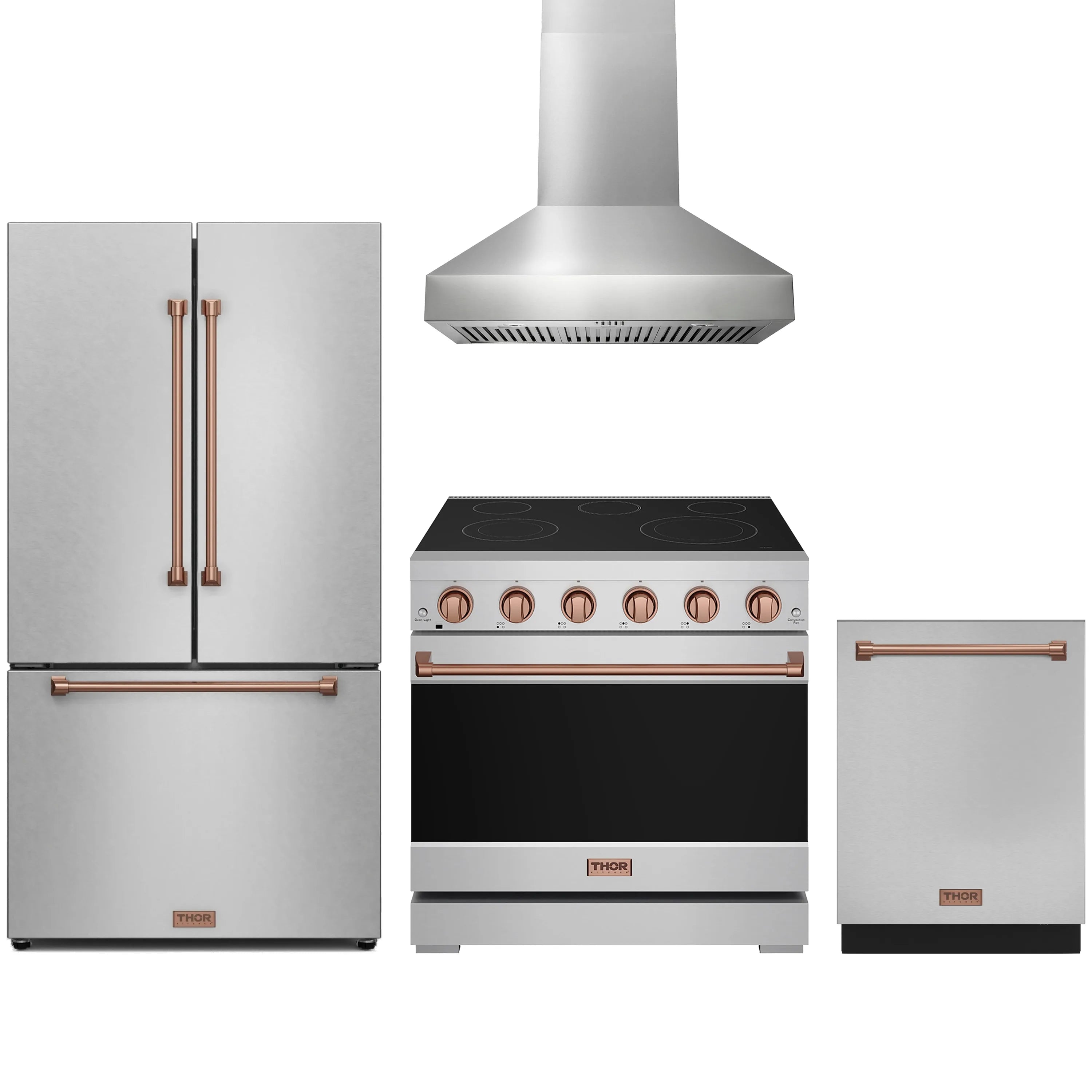 Stainless steel appliance package with rose gold accents: range, hood, and refrigerator