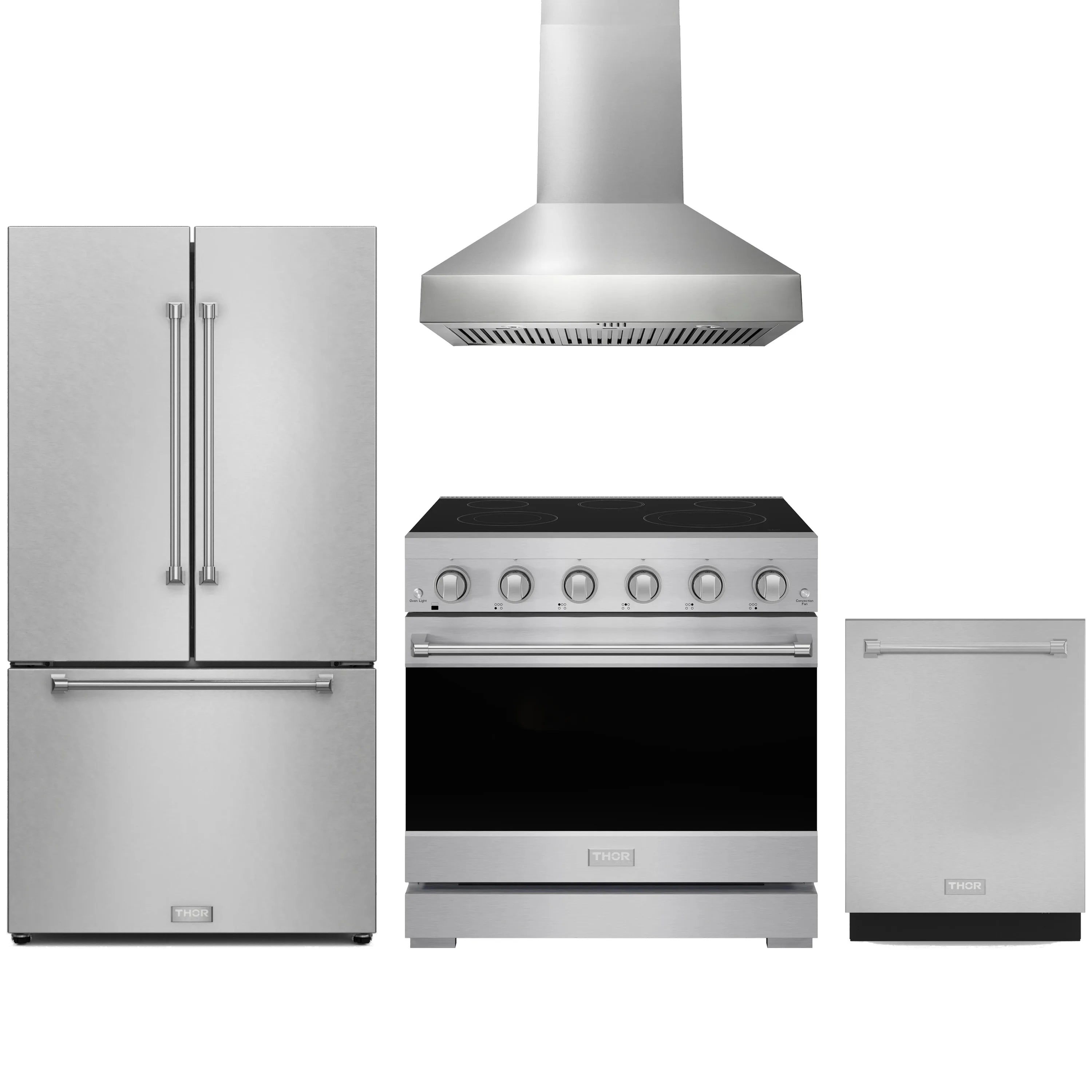 Stainless steel appliance package: refrigerator, electric range, hood, and dishwasher