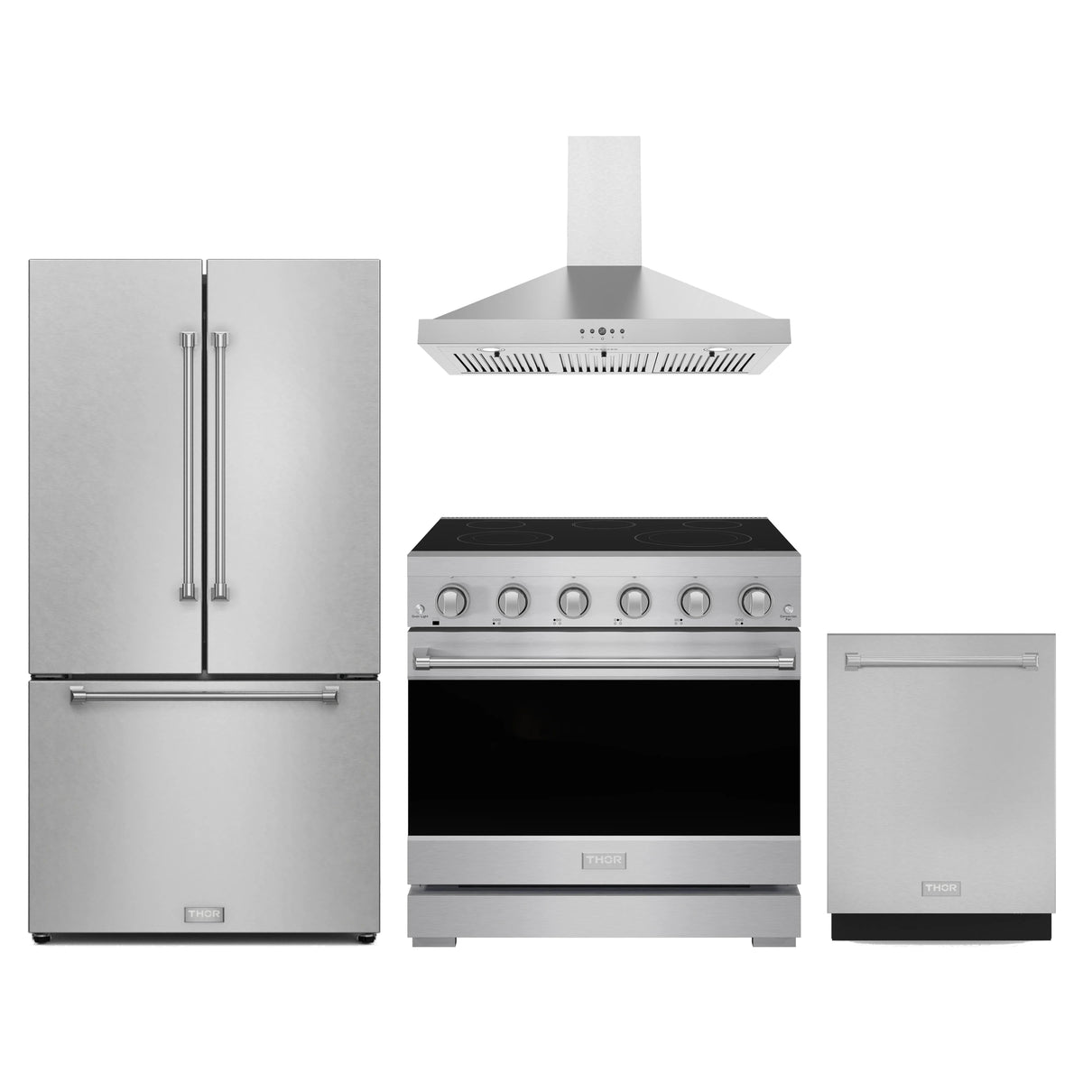 Gordon Ramsay by Thor Kitchen 4-Piece Appliance Package - 36-Inch Electric Range, Counter-Depth Refrigerator, Wall Mount Hood, & Dishwasher in Stainless Steel