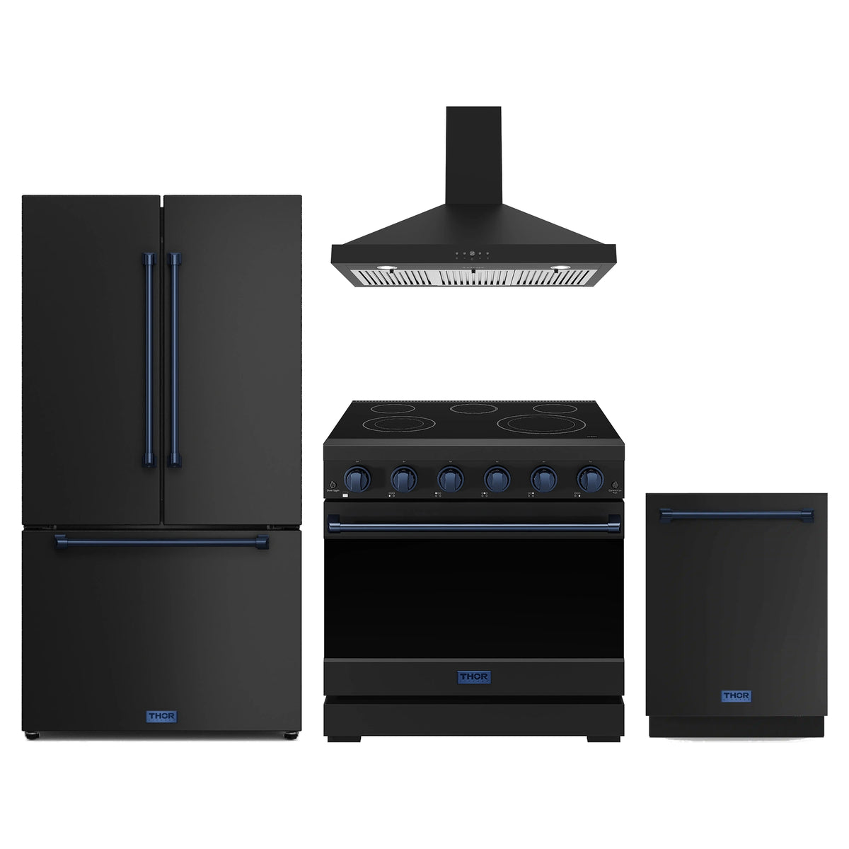 Gordon Ramsay by Thor Kitchen 4-Piece Appliance Package - 36-Inch Electric Range, Counter-Depth Refrigerator, Wall Mount Hood, & Dishwasher in Matte Black with Blue Trim