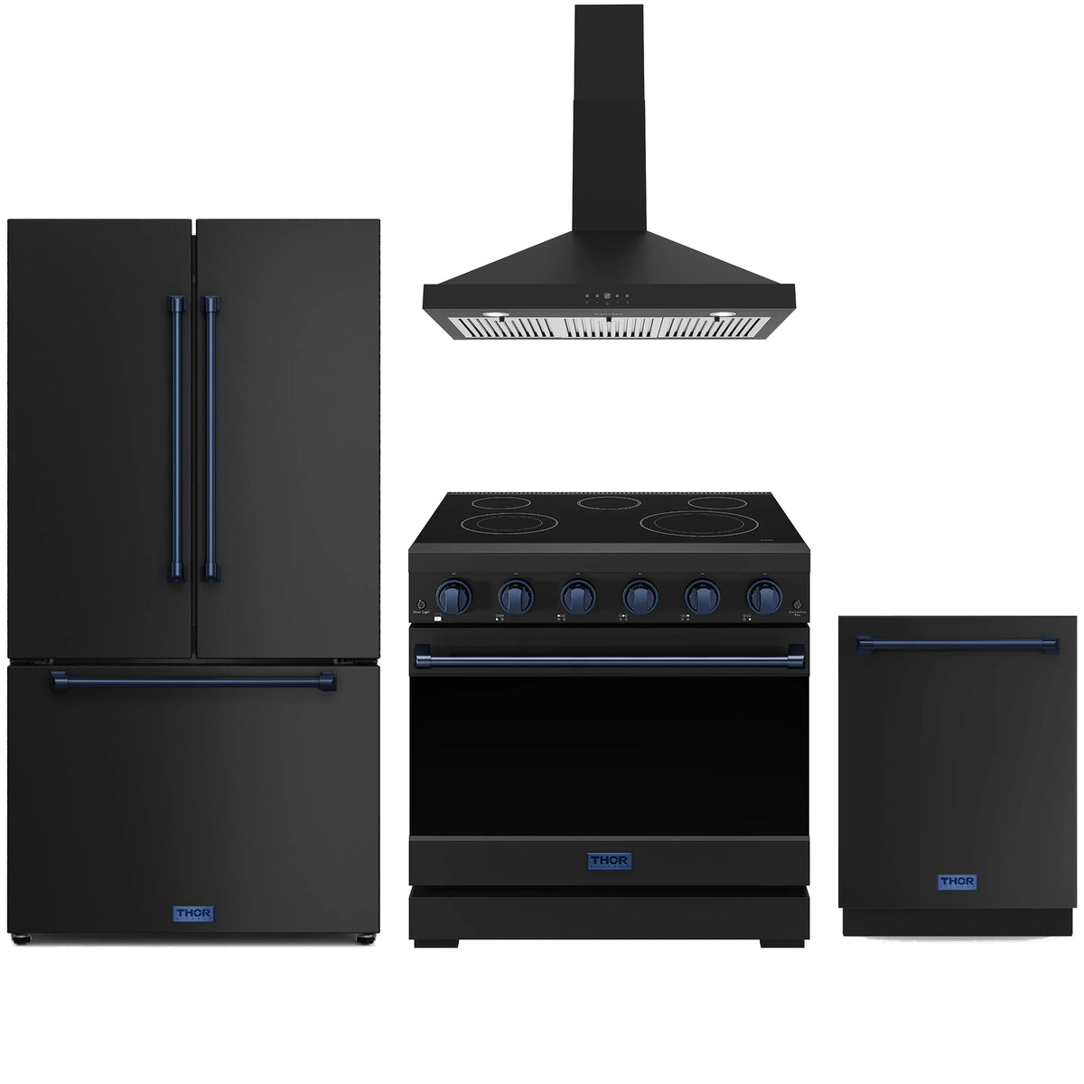 Black appliance package with blue trim: electric range, refrigerator, wall hood, dishwasher