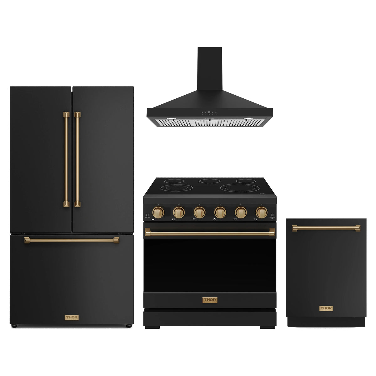 Gordon Ramsay by Thor Kitchen 4-Piece Appliance Package - 36-Inch Electric Range, Counter-Depth Refrigerator, Wall Mount Hood, & Dishwasher in Matte Black with Bronze Trim