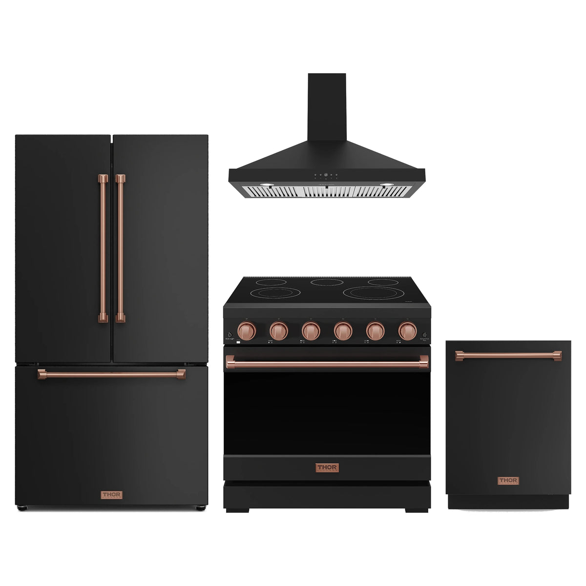 Gordon Ramsay by Thor Kitchen 4-Piece Appliance Package - 36-Inch Electric Range, Counter-Depth Refrigerator, Wall Mount Hood, & Dishwasher in Matte Black with Rose Gold Trim