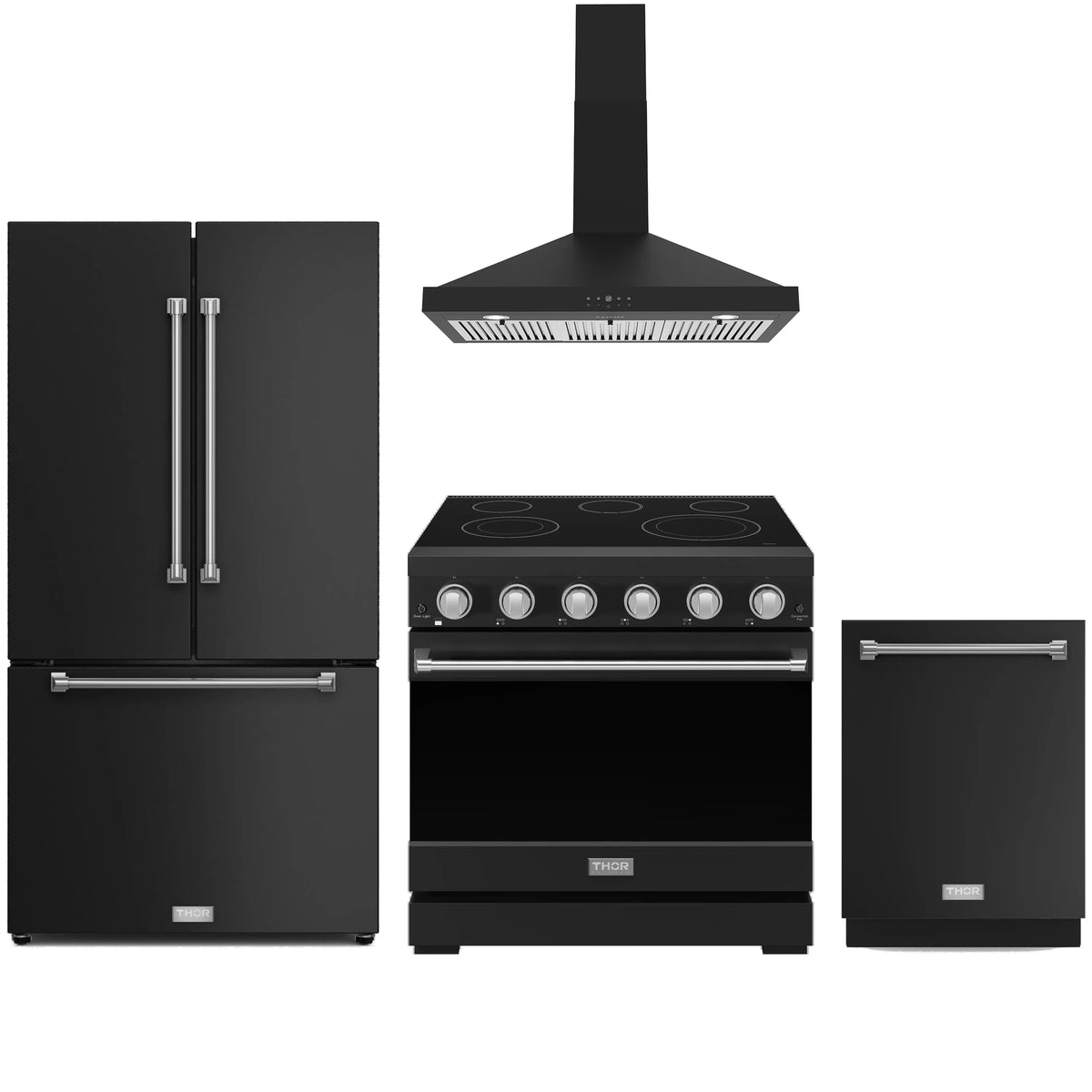 Black appliance package: electric range, wall hood, counter-depth fridge, dishwasher