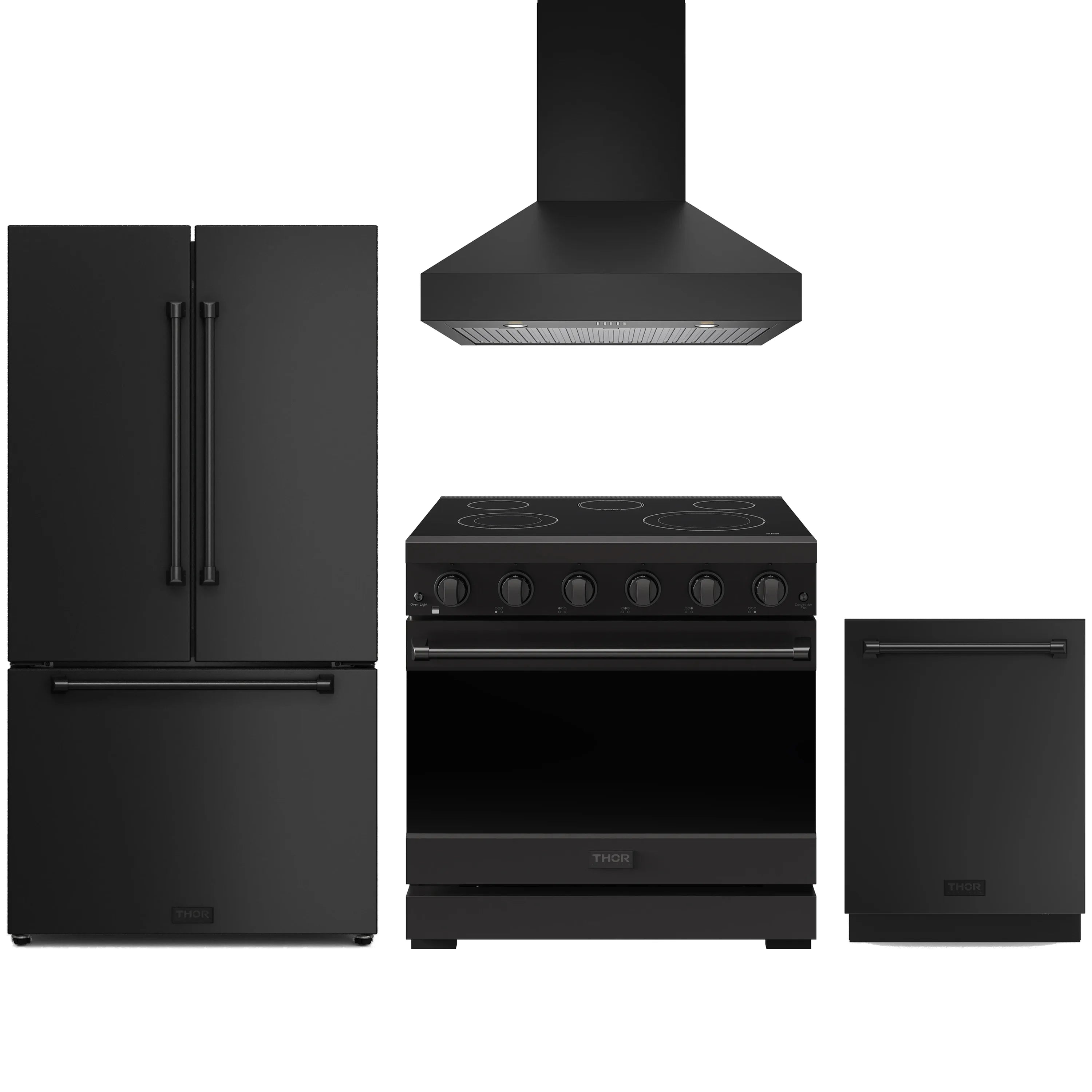 Black appliance package: electric range, refrigerator, wall hood, and dishwasher
