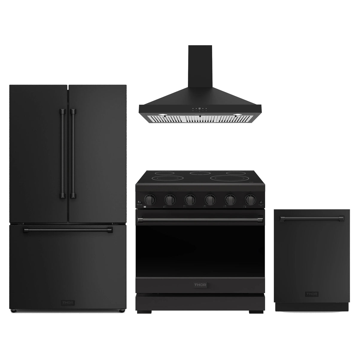 Gordon Ramsay by Thor Kitchen 4-Piece Appliance Package - 36-Inch Electric Range, Counter-Depth Refrigerator, Wall Mount Hood, & Dishwasher in Matte Black