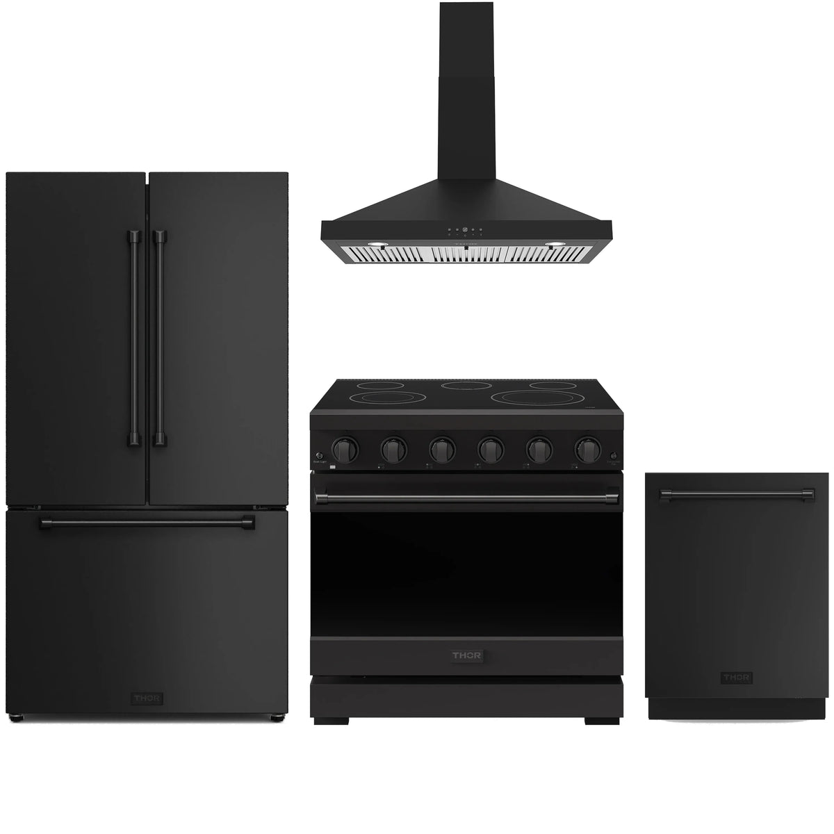 Black appliance package: electric range, refrigerator, wall hood, and dishwasher