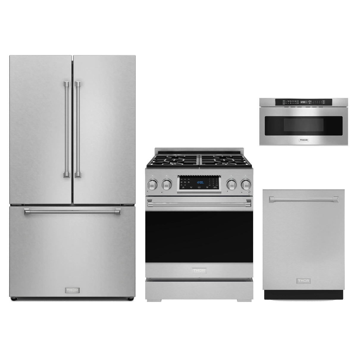 Gordon Ramsay by Thor Kitchen 4-Piece Appliance Package - 30-Inch Natural Gas Range with Tilt Panel, Counter-Depth Refrigerator, Dishwasher, & Microwave Drawer in Stainless Steel