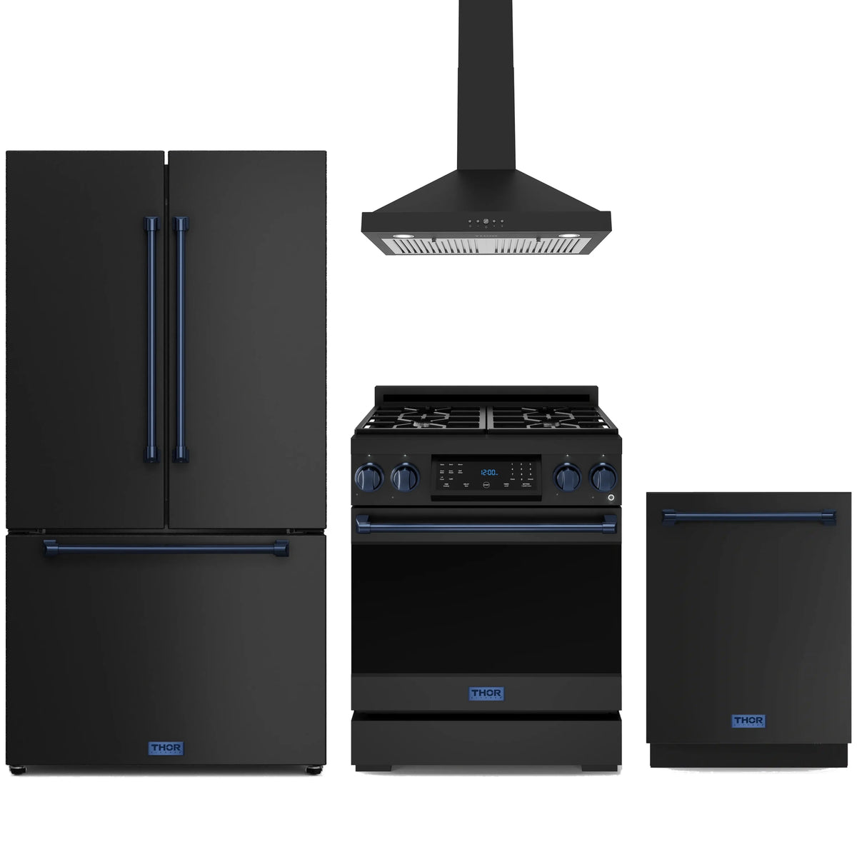 Black appliance package with blue trim: gas range, counter-depth refrigerator, hood, dishwasher