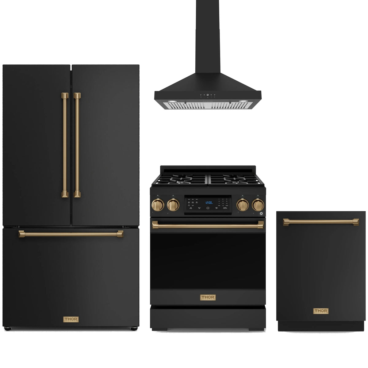 Black appliance package with counter-depth refrigerator, gas range, and dishwasher with bronze handles