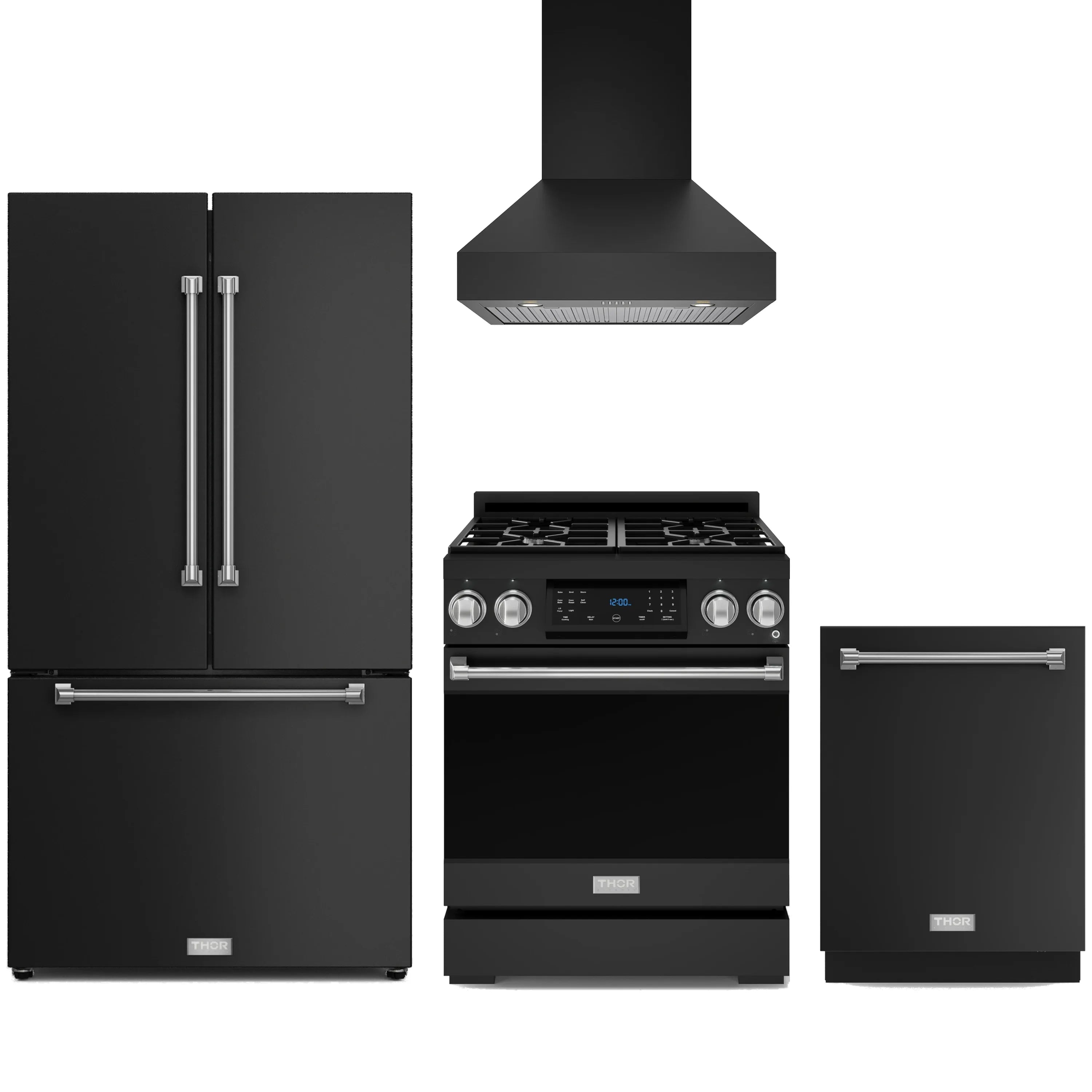 Black kitchen appliance package with propane gas range, refrigerator, wall hood, and dishwasher