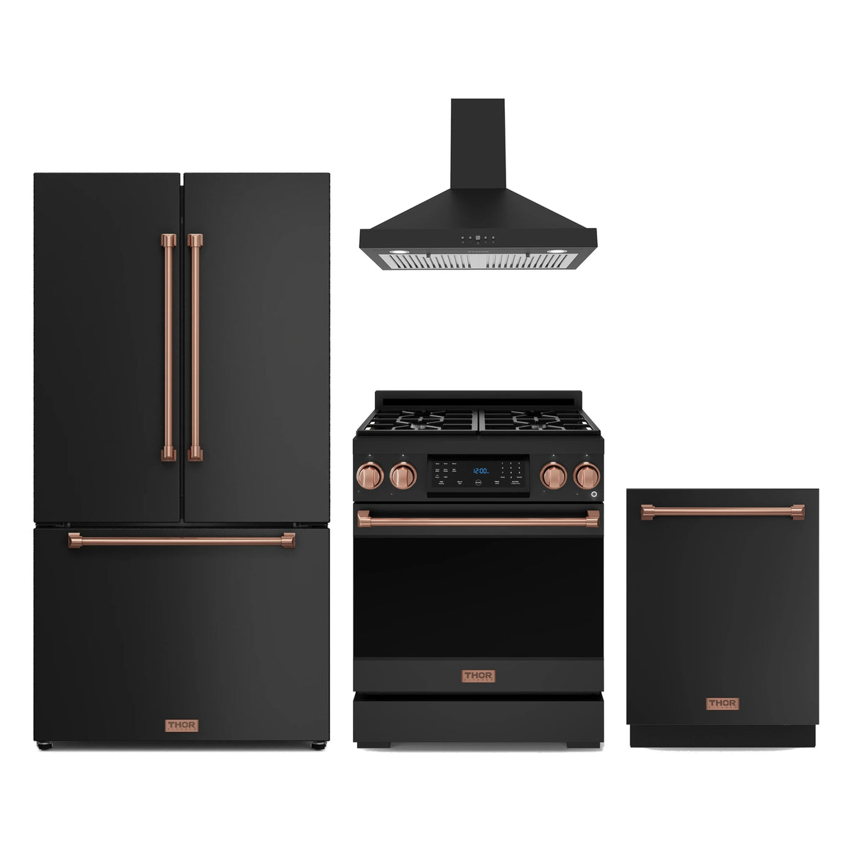 Gordon Ramsay by Thor Kitchen 4-Piece Appliance Package - 30-Inch Propane Gas Range, Counter-Depth Refrigerator, Wall Mount Hood, & Dishwasher in Matte Black with Rose Gold Trim