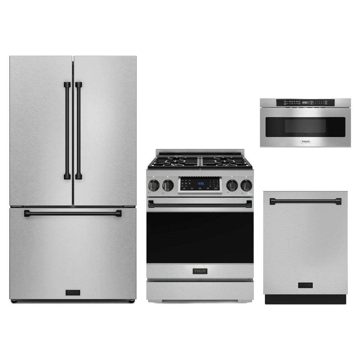 Gordon Ramsay by Thor Kitchen 4-Piece Appliance Package - 30-Inch Propane Gas Range with Tilt Panel, Counter-Depth Refrigerator, Dishwasher, & Microwave Drawer in Stainless Steel with Black Trim