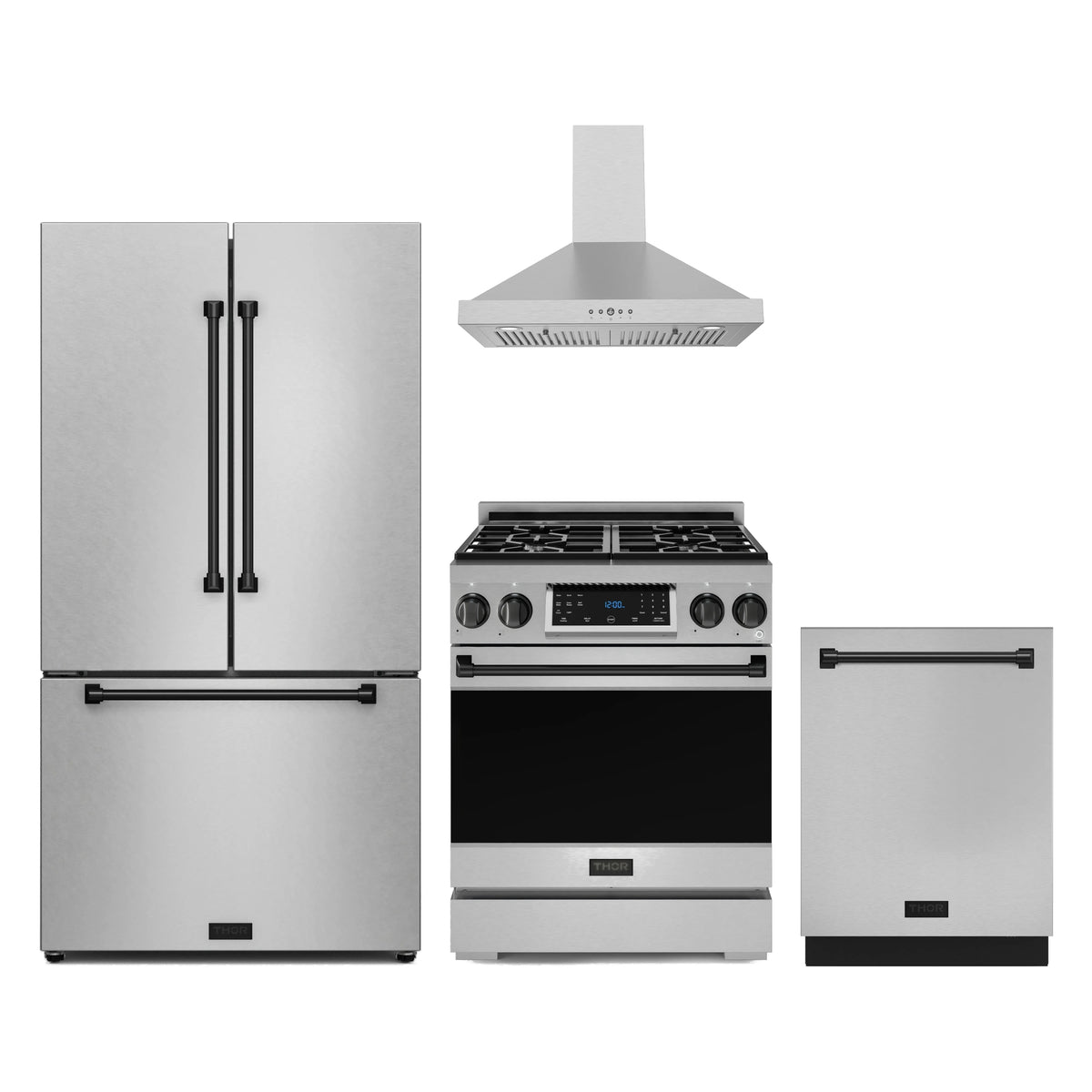 Gordon Ramsay by Thor Kitchen 4-Piece Appliance Package - 30-Inch Propane Gas Range, Counter-Depth Refrigerator, Wall Mount Hood, & Dishwasher in Stainless Steel with Black Trim
