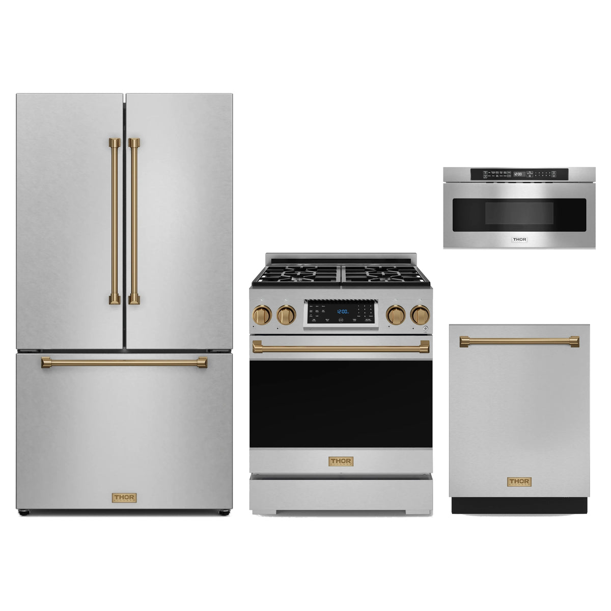 Gordon Ramsay by Thor Kitchen 4-Piece Appliance Package - 30-Inch Propane Gas Range with Tilt Panel, Counter-Depth Refrigerator, Dishwasher, & Microwave Drawer in Stainless Steel with Bronze Trim