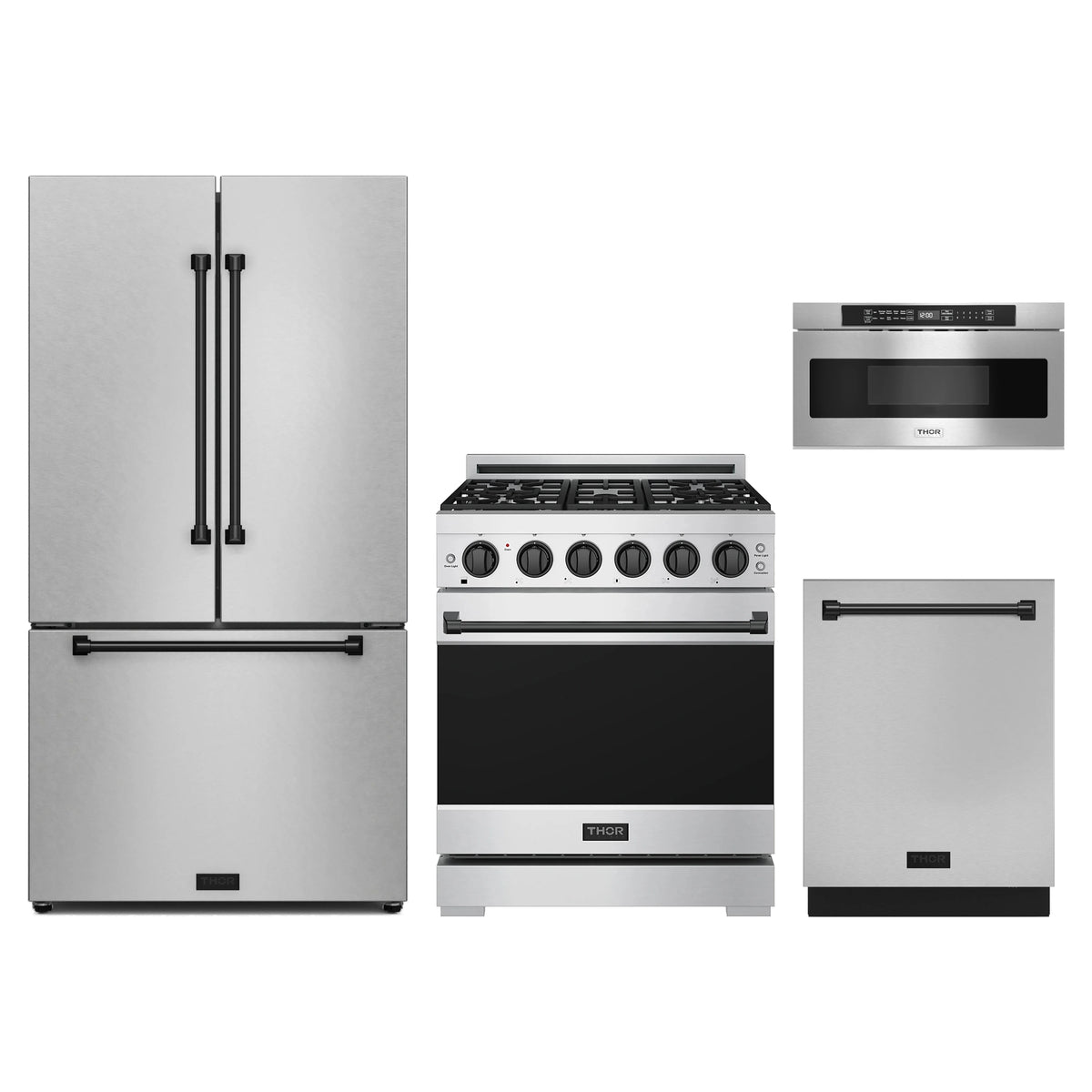Gordon Ramsay by Thor Kitchen 4-Piece Appliance Package - 30-Inch Natural Gas Range, Counter-Depth Refrigerator, Dishwasher, & Microwave Drawer in Stainless Steel with Black Trim