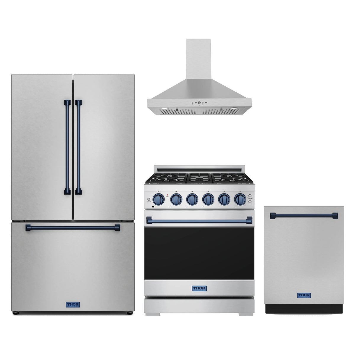 Gordon Ramsay by Thor Kitchen 4-Piece Appliance Package - 30-Inch Natural Gas Range, Counter-Depth Refrigerator, Wall Mount Hood, & Dishwasher in Stainless Steel with Blue Trim