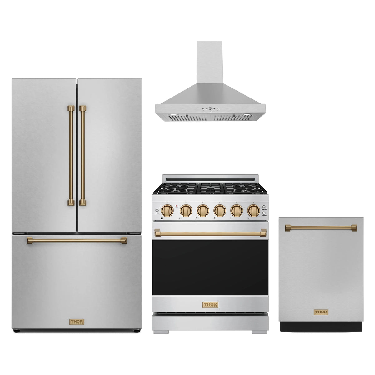 Gordon Ramsay by Thor Kitchen 4-Piece Appliance Package - 30-Inch Natural Gas Range, Counter-Depth Refrigerator, Wall Mount Hood, & Dishwasher in Stainless Steel with Bronze Trim