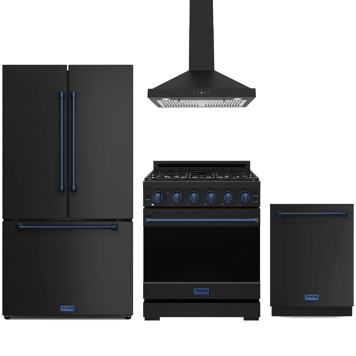 Black kitchen appliance package with blue-trim range, hood, refrigerator, and dishwasher