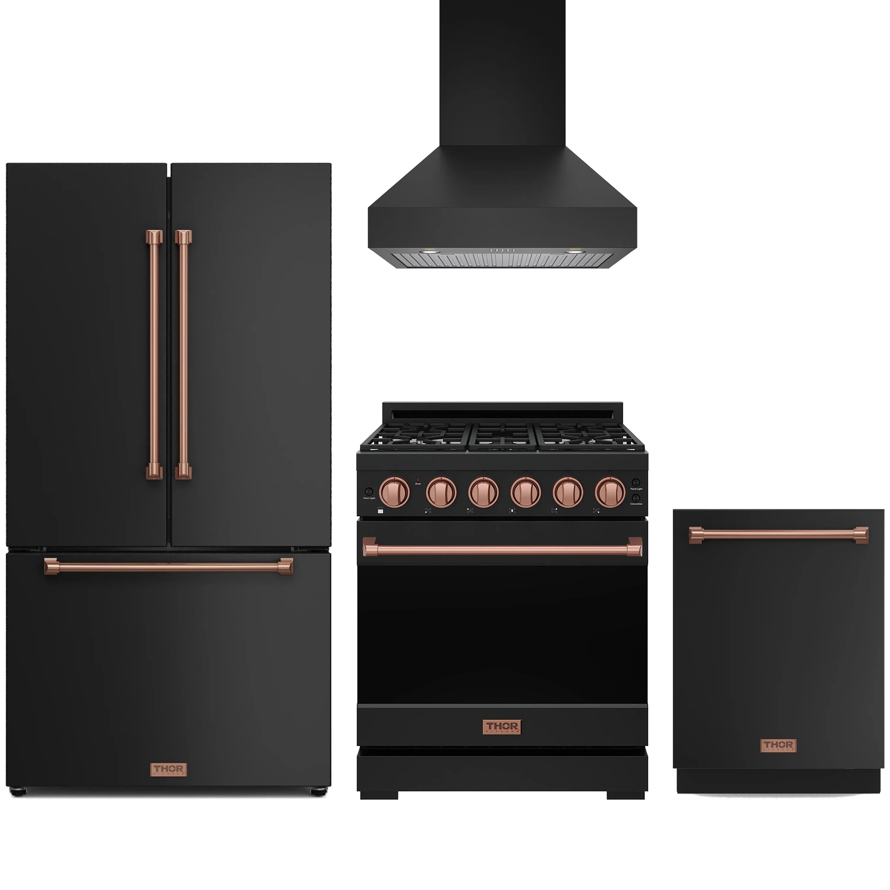 Kitchen appliance package in black with rose-gold trim: gas range, fridge, hood, dishwasher