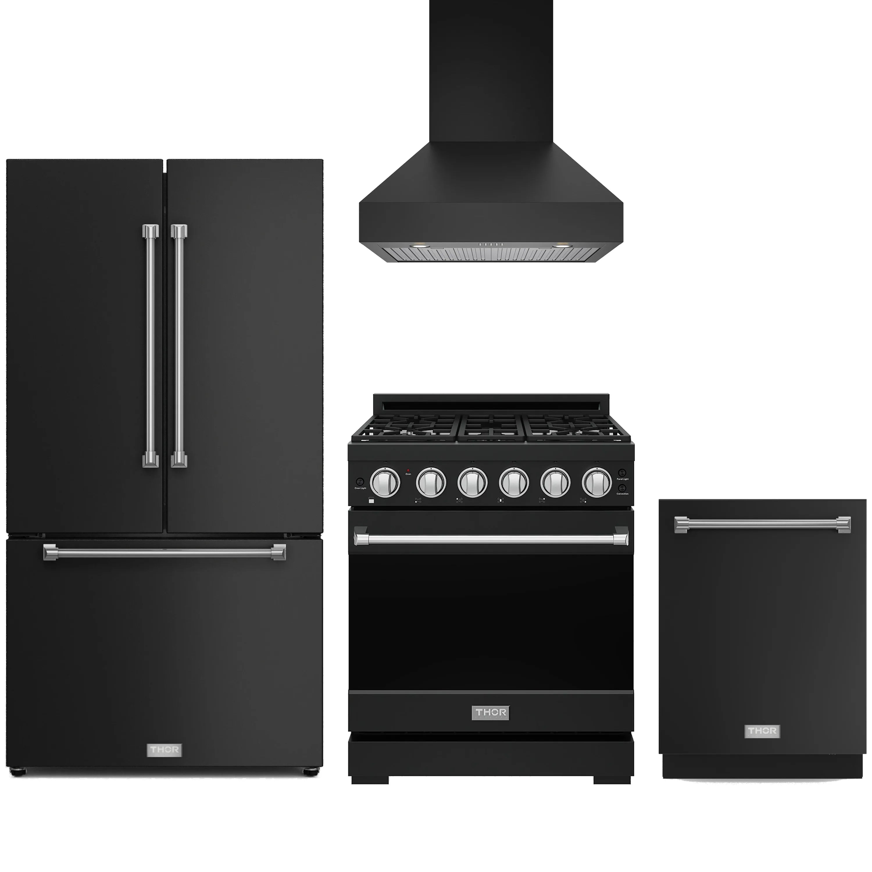 Black appliance package with Thor range, wall hood, counter-depth refrigerator, and dishwasher