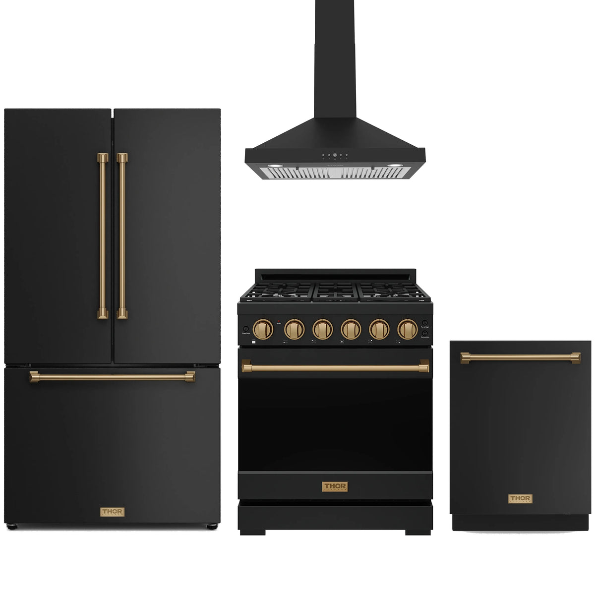 Black propane gas range with bronze control knobs, door handle, and cooktop grates