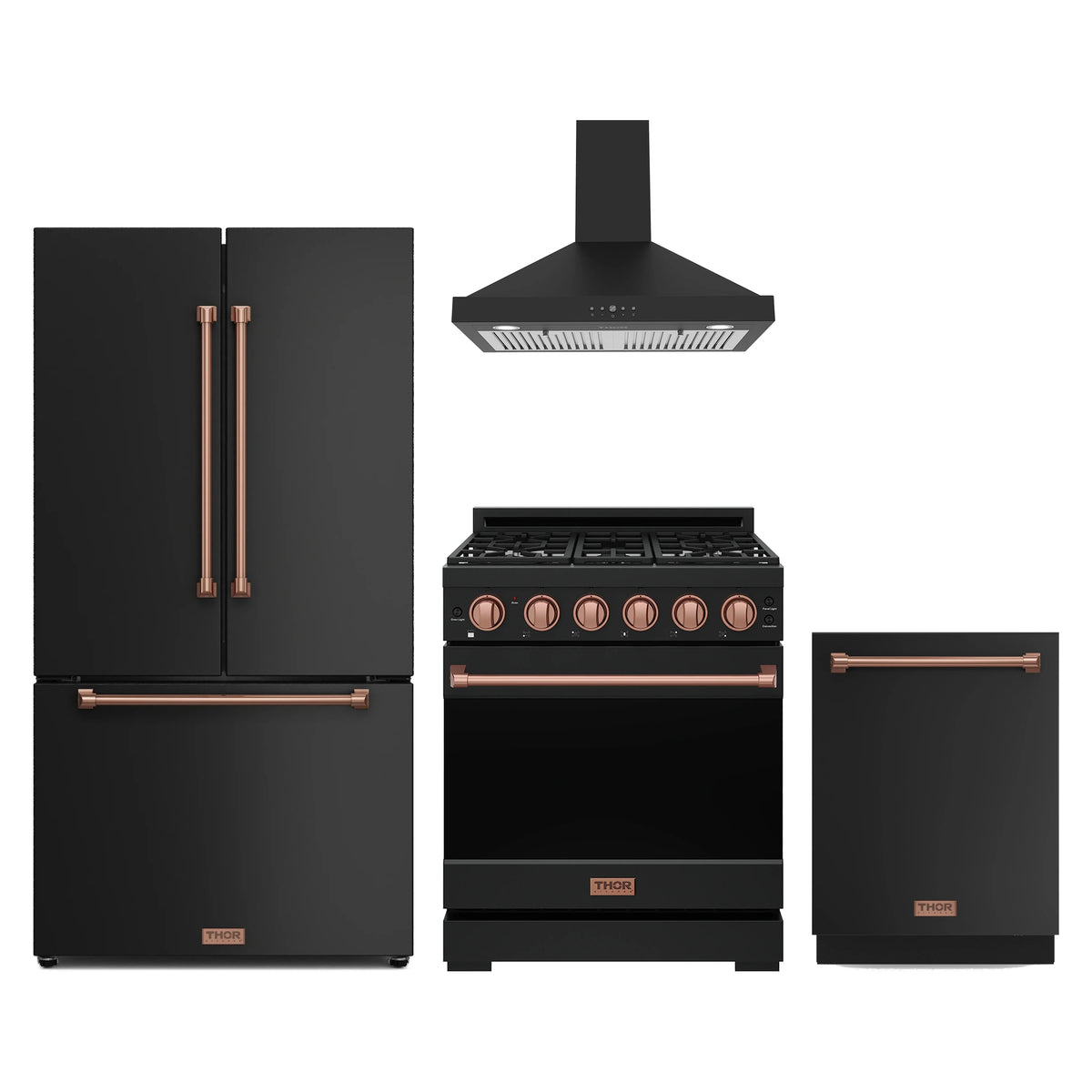 Gordon Ramsay by Thor Kitchen 4-Piece Appliance Package - 30-Inch Propane Gas Range, Counter-Depth Refrigerator, Wall Mount Hood, & Dishwasher in Matte Black with Rose Gold Trim