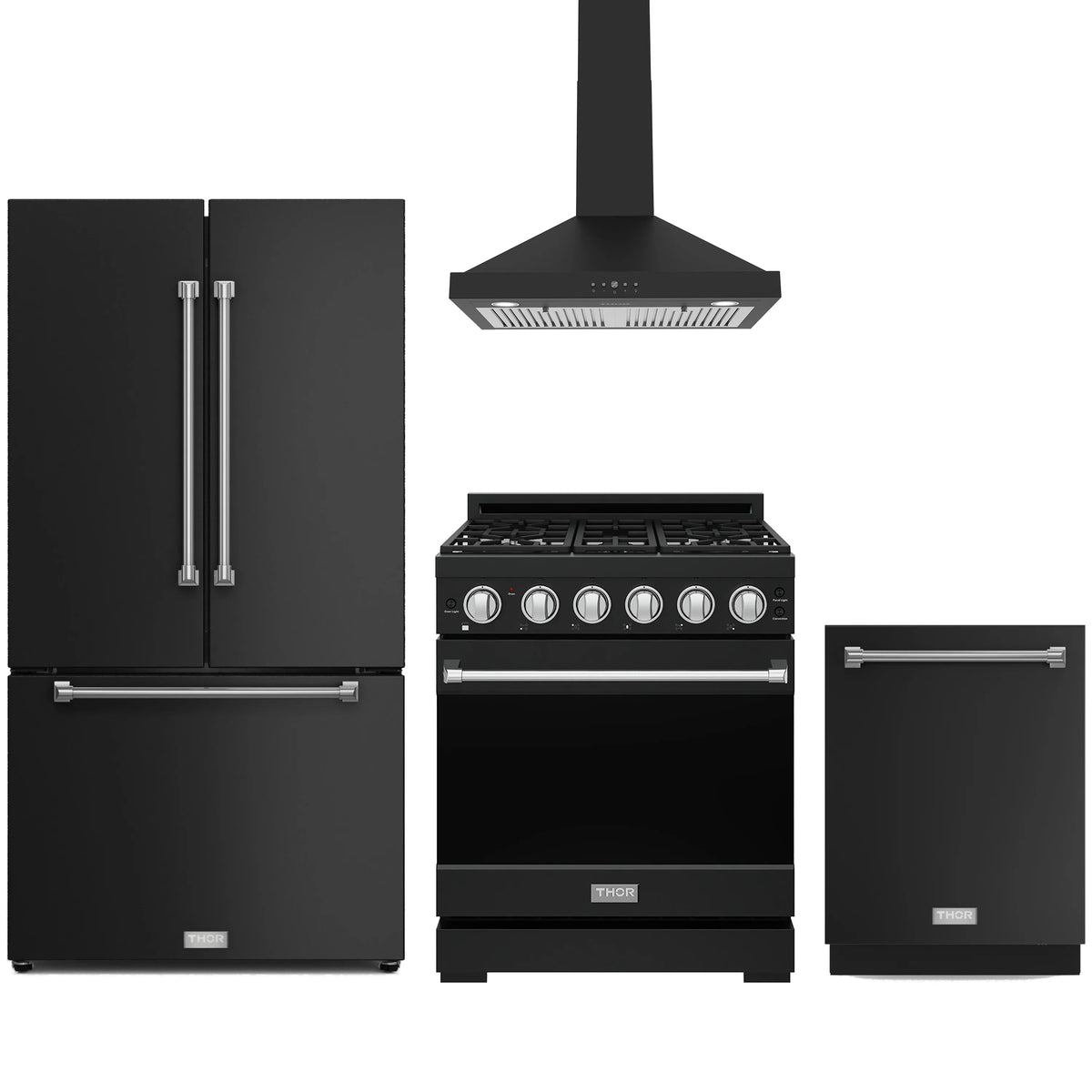 Black appliance package with Thor range, wall hood, counter-depth refrigerator, and dishwasher