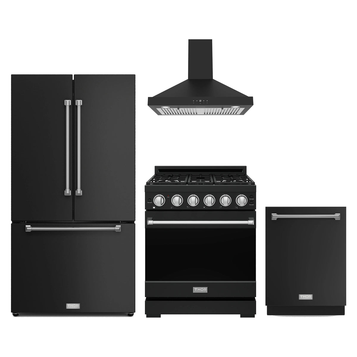 Gordon Ramsay by Thor Kitchen 4-Piece Appliance Package - 30-Inch Propane Gas Range, Counter-Depth Refrigerator, Wall Mount Hood, & Dishwasher in Matte Black with Stainless Steel Trim