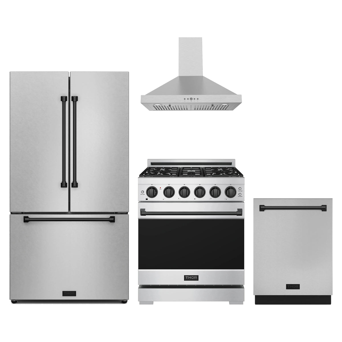 Gordon Ramsay by Thor Kitchen 4-Piece Appliance Package - 30-Inch Propane Gas Range, Counter-Depth Refrigerator, Wall Mount Hood, & Dishwasher in Stainless Steel with Black Trim