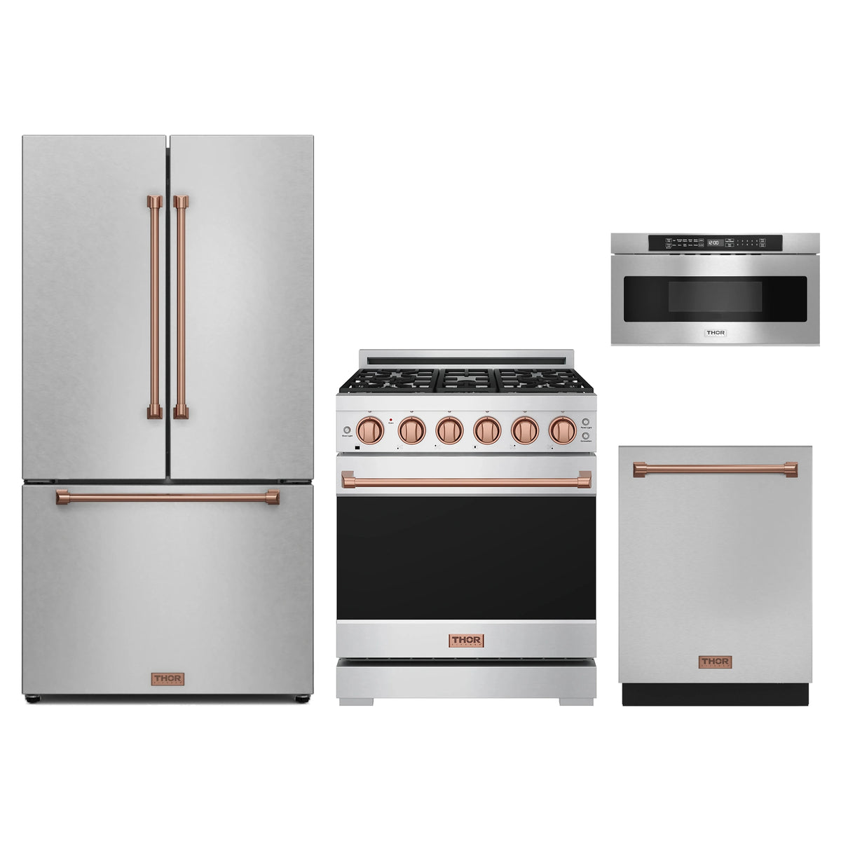 Gordon Ramsay by Thor Kitchen 4-Piece Appliance Package - 30-Inch Propane Gas Range, Counter-Depth Refrigerator, Dishwasher, & Microwave Drawer in Stainless Steel with Rose Gold Trim