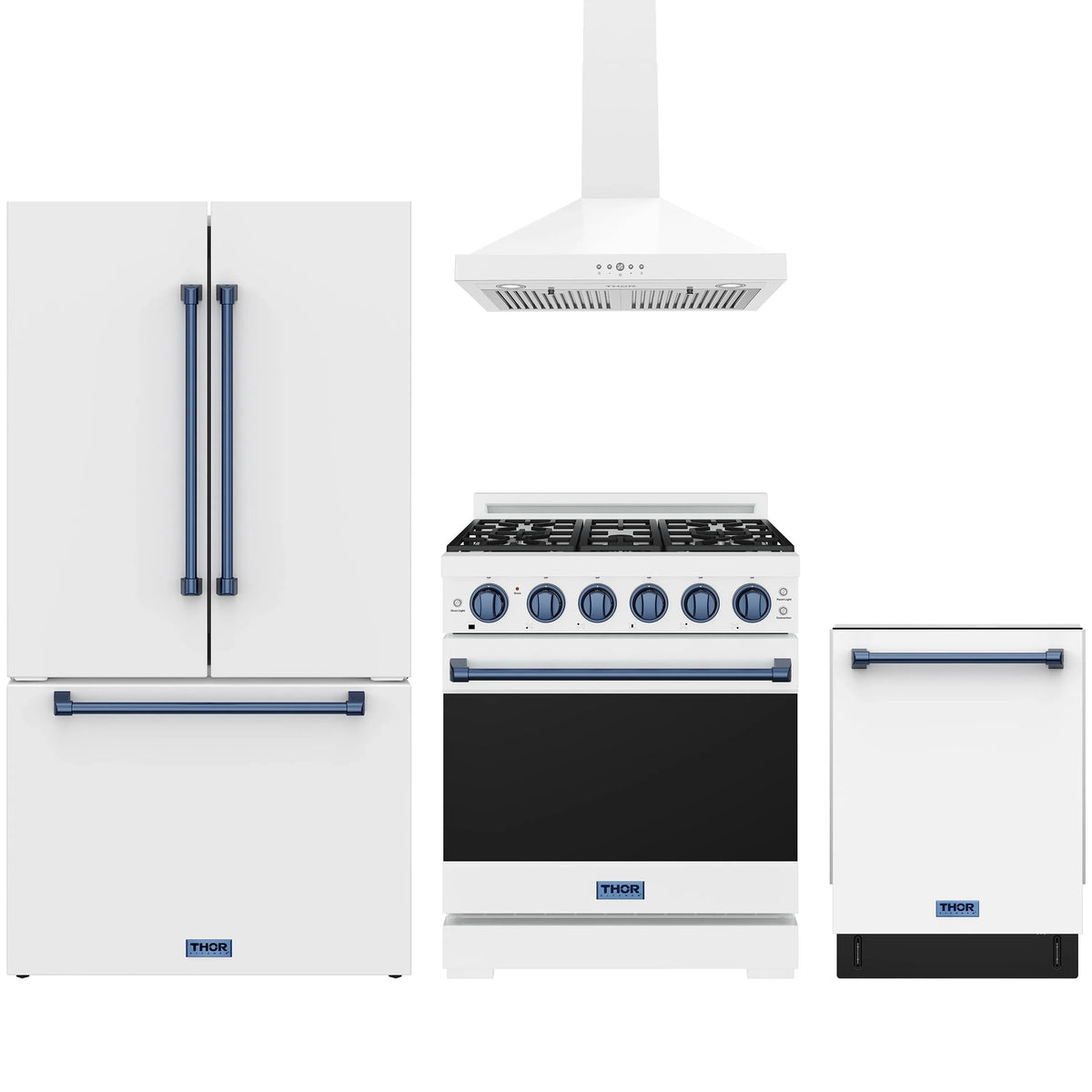 White Gordon Ramsay by Thor Kitchen appliance package with 30-inch propane range, wall mount range hood, French door refrigerator, dishwasher