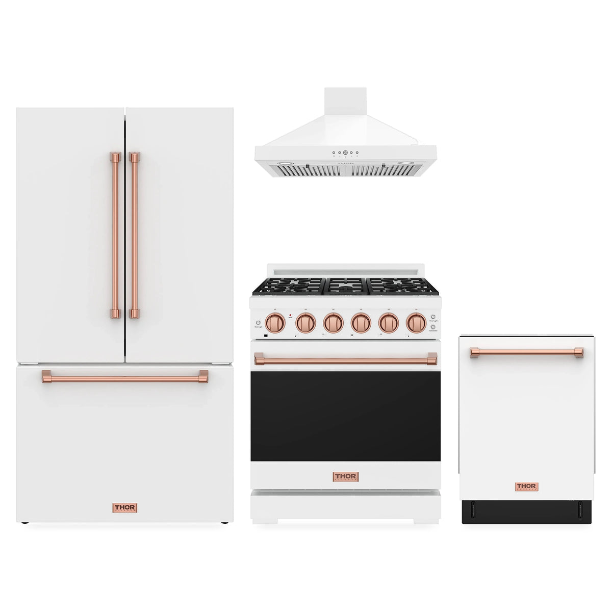 Gordon Ramsay by Thor Kitchen 4-Piece Appliance Package - 30-Inch Propane Gas Range, Counter-Depth Refrigerator, Wall Mount Hood, & Dishwasher in White with Rose Gold Trim