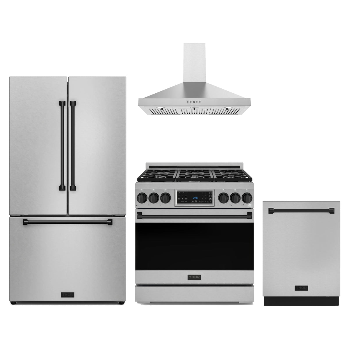 Gordon Ramsay by Thor Kitchen 4-Piece Appliance Package - 36-Inch Natural Gas Range, Counter-Depth Refrigerator, Wall Mount Hood, & Dishwasher in Stainless Steel with Black Trim