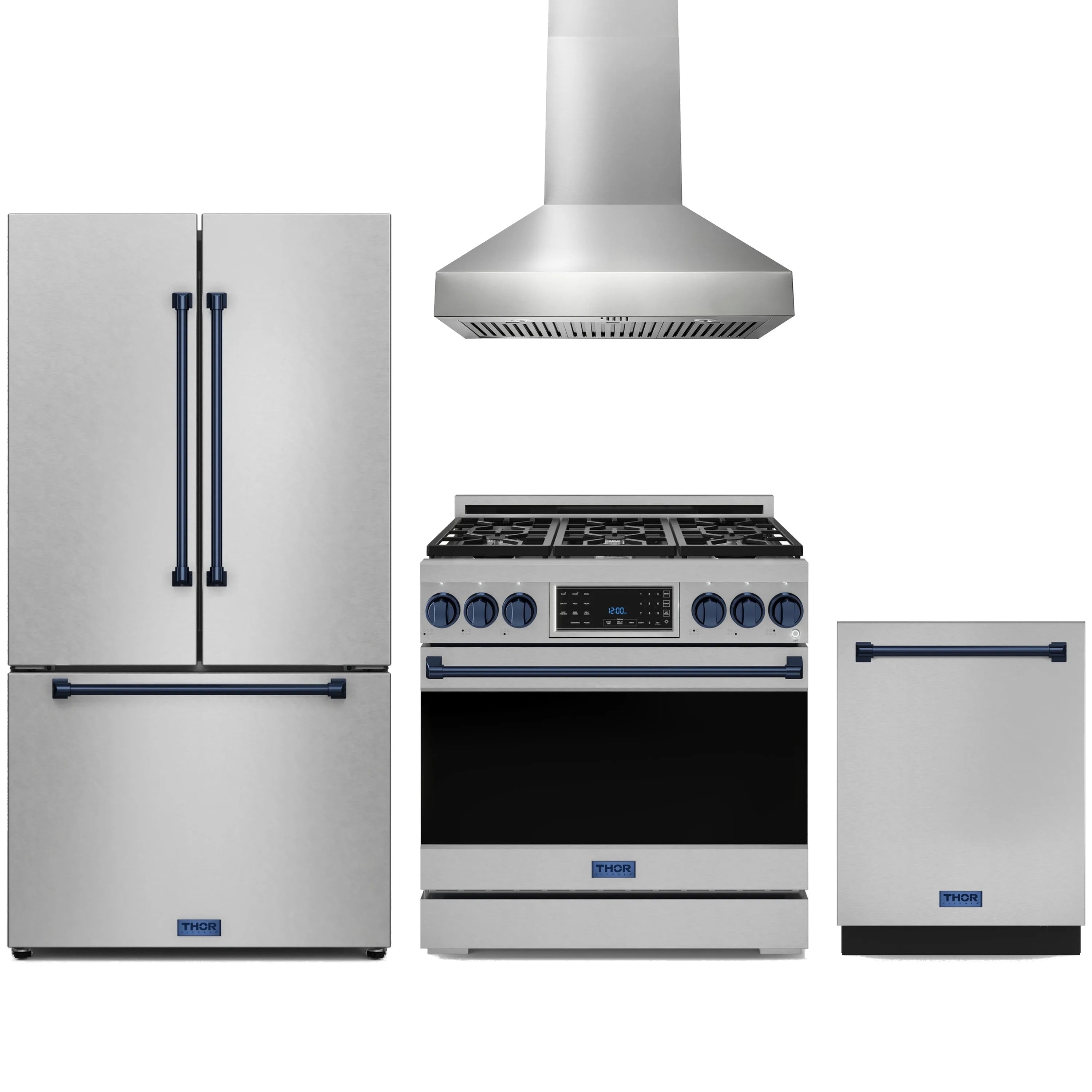 Stainless steel 4-piece kitchen appliance package with blue-trim gas range, hood, fridge, and dishwasher