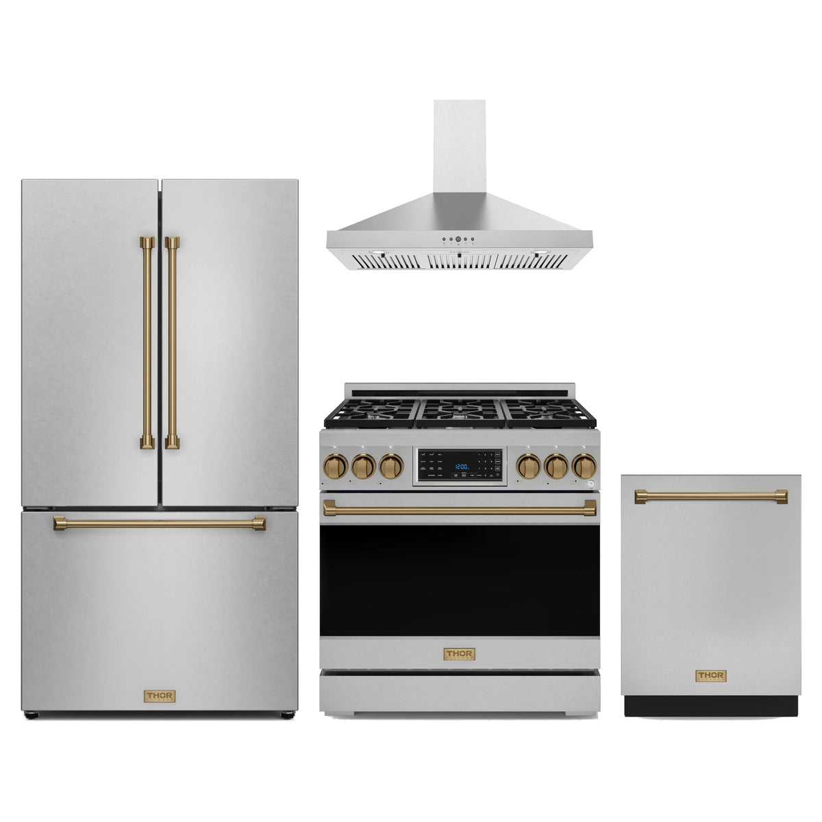 Gordon Ramsay by Thor Kitchen 4-Piece Appliance Package - 36-Inch Natural Gas Range, Counter-Depth Refrigerator, Wall Mount Hood, & Dishwasher in Stainless Steel with Bronze Trim