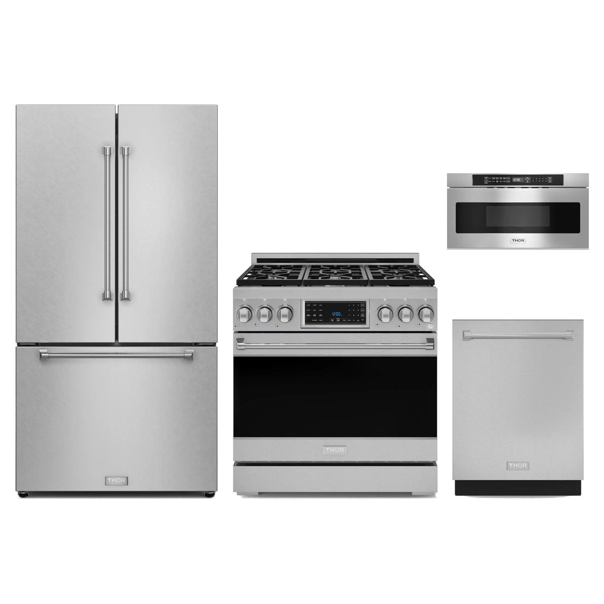 Gordon Ramsay by Thor Kitchen 4-Piece Appliance Package - 36-Inch Natural Gas Range with Tilt Panel, Counter-Depth Refrigerator, Dishwasher, & Microwave Drawer in Stainless Steel
