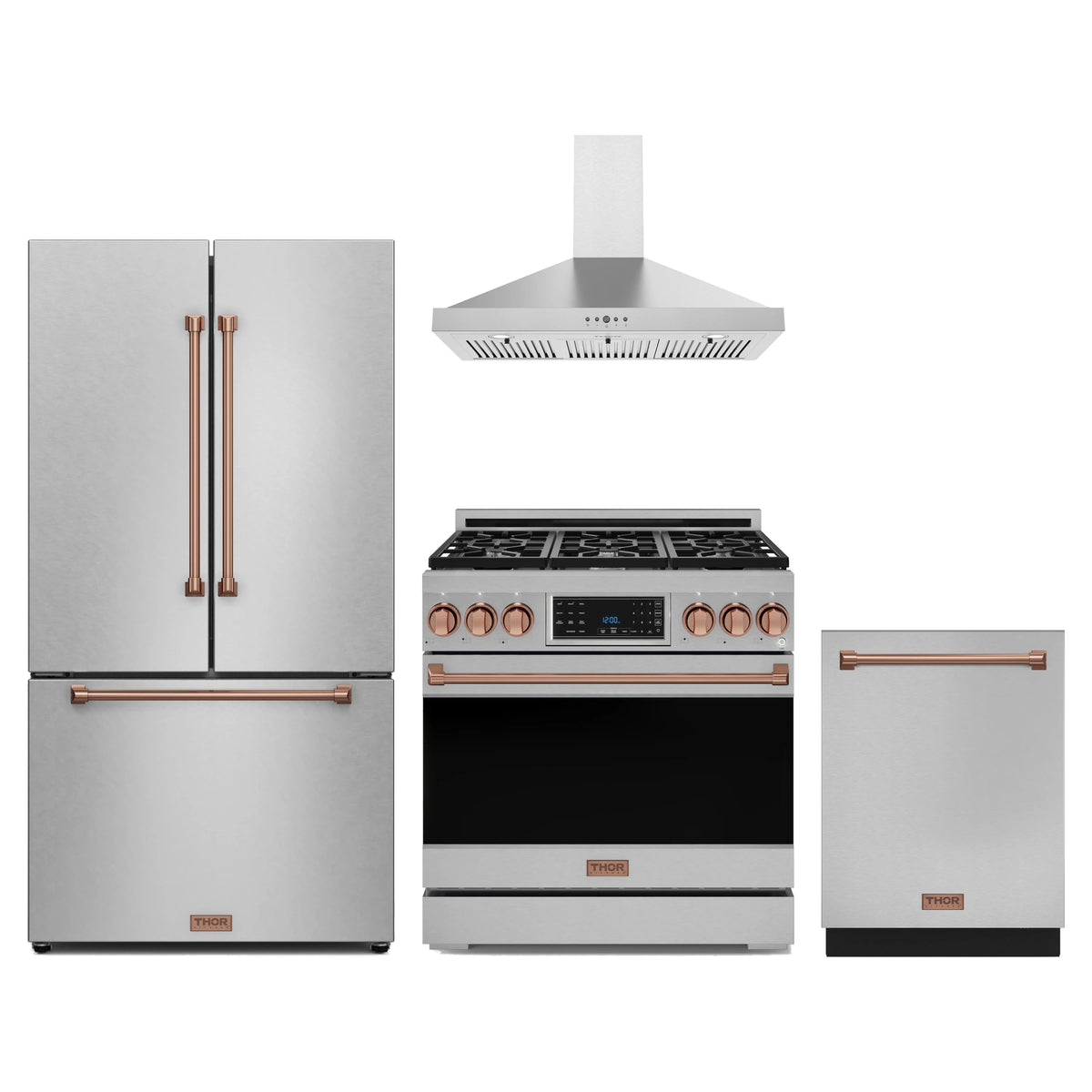 Gordon Ramsay by Thor Kitchen 4-Piece Appliance Package - 36-Inch Natural Gas Range, Counter-Depth Refrigerator, Wall Mount Hood, & Dishwasher in Stainless Steel with Rose Gold Trim