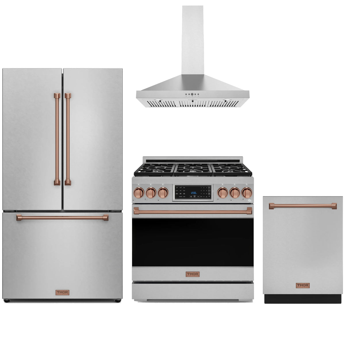Stainless steel appliance package: gas range, refrigerator, wall hood and dishwasher, rose gold trim