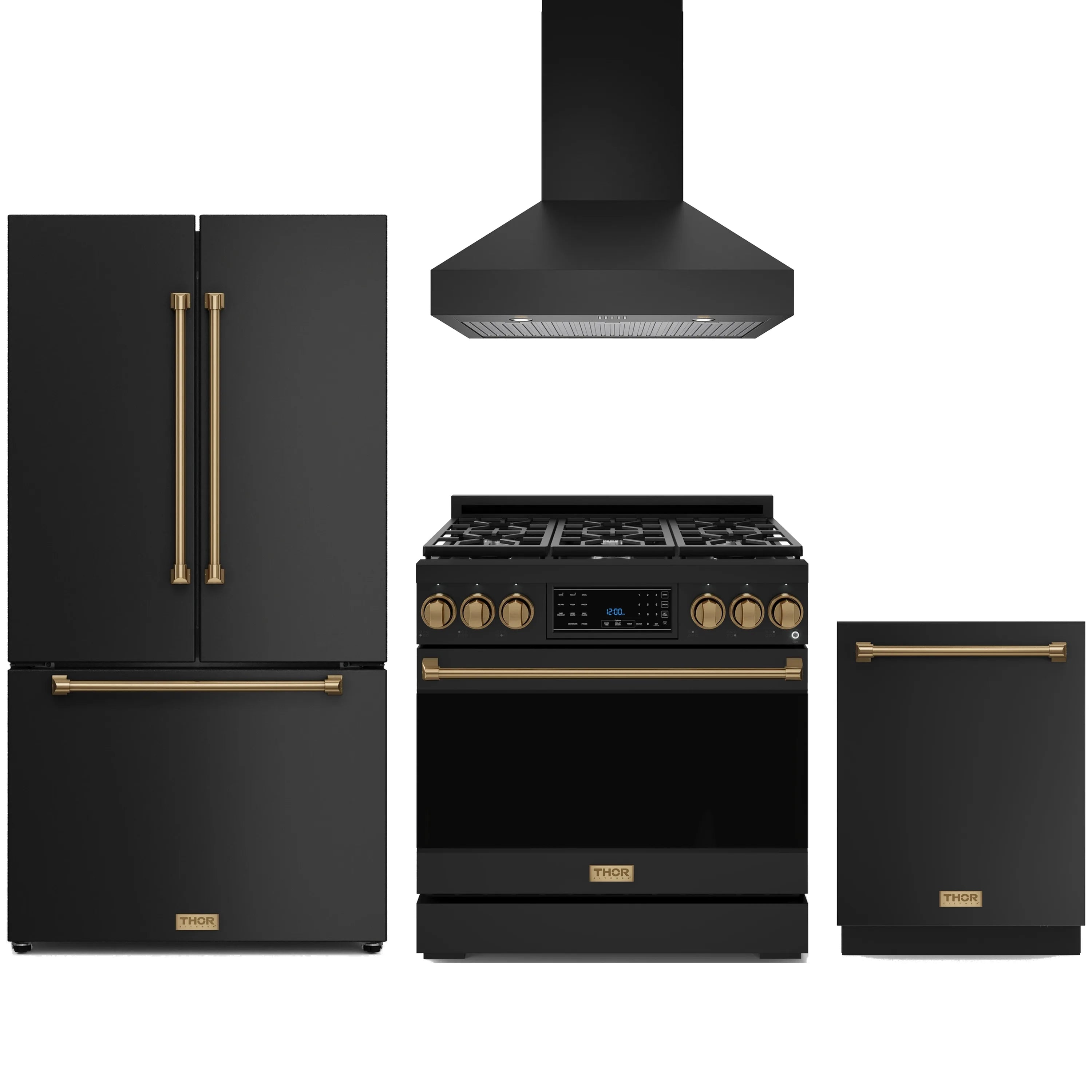 Black 4-piece appliance package with bronze trim: gas range, hood, fridge, dishwasher