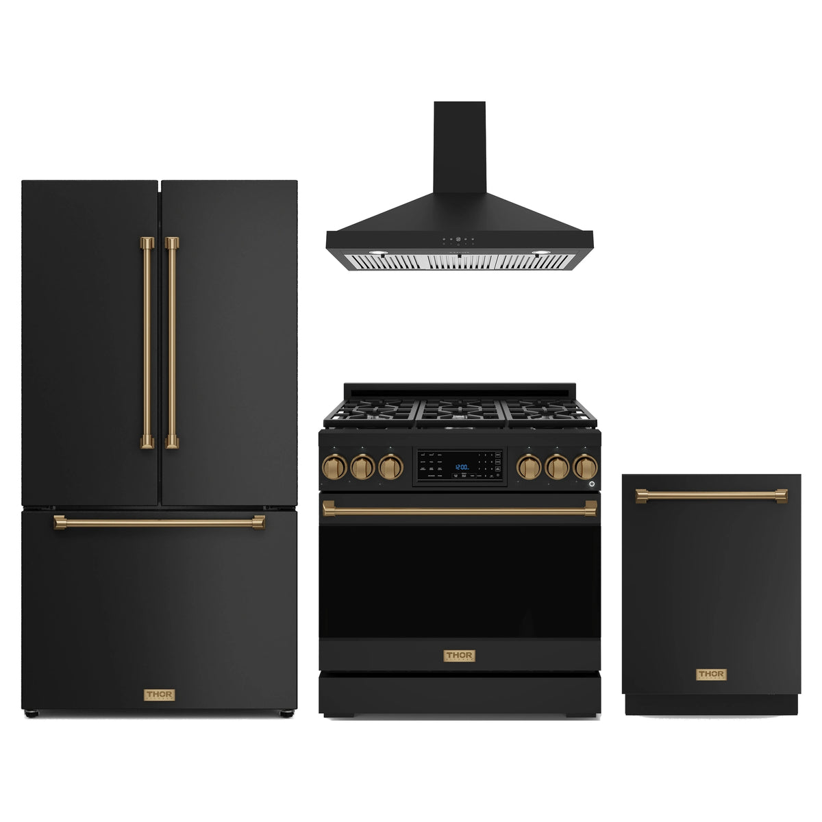 Gordon Ramsay by Thor Kitchen 4-Piece Appliance Package - 36-Inch Natural Gas Range, Counter-Depth Refrigerator, Wall Mount Hood, & Dishwasher in Matte Black with Bronze Trim