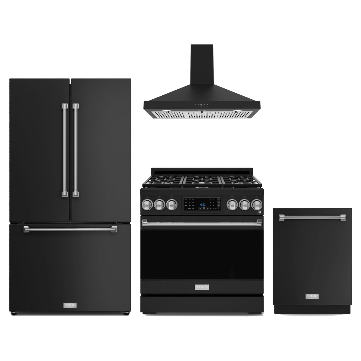 Gordon Ramsay by Thor Kitchen 4-Piece Appliance Package - 36-Inch Natural Gas Range, Counter-Depth Refrigerator, Wall Mount Hood, & Dishwasher in Matte Black with Stainless Steel Trim