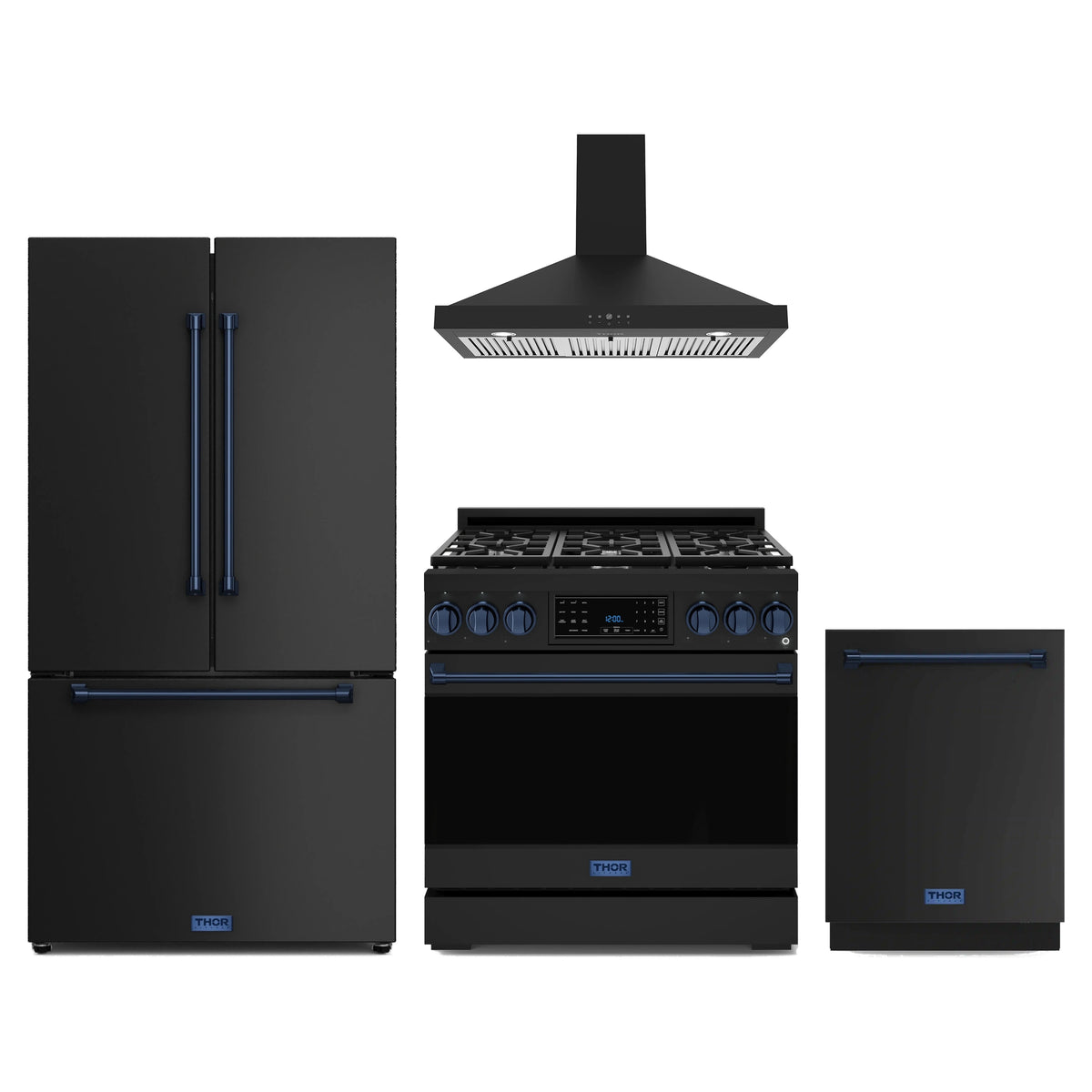Gordon Ramsay by Thor Kitchen 4-Piece Appliance Package - 36-Inch Propane Gas Range, Counter-Depth Refrigerator, Wall Mount Hood, & Dishwasher in Matte Black with Blue Trim