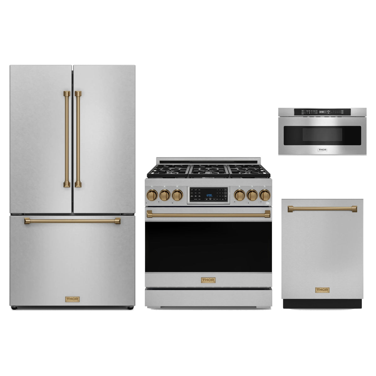 Gordon Ramsay by Thor Kitchen 4-Piece Appliance Package - 36-Inch Propane Gas Range with Tilt Panel, Counter-Depth Refrigerator, Dishwasher, & Microwave Drawer in Stainless Steel with Bronze Trim