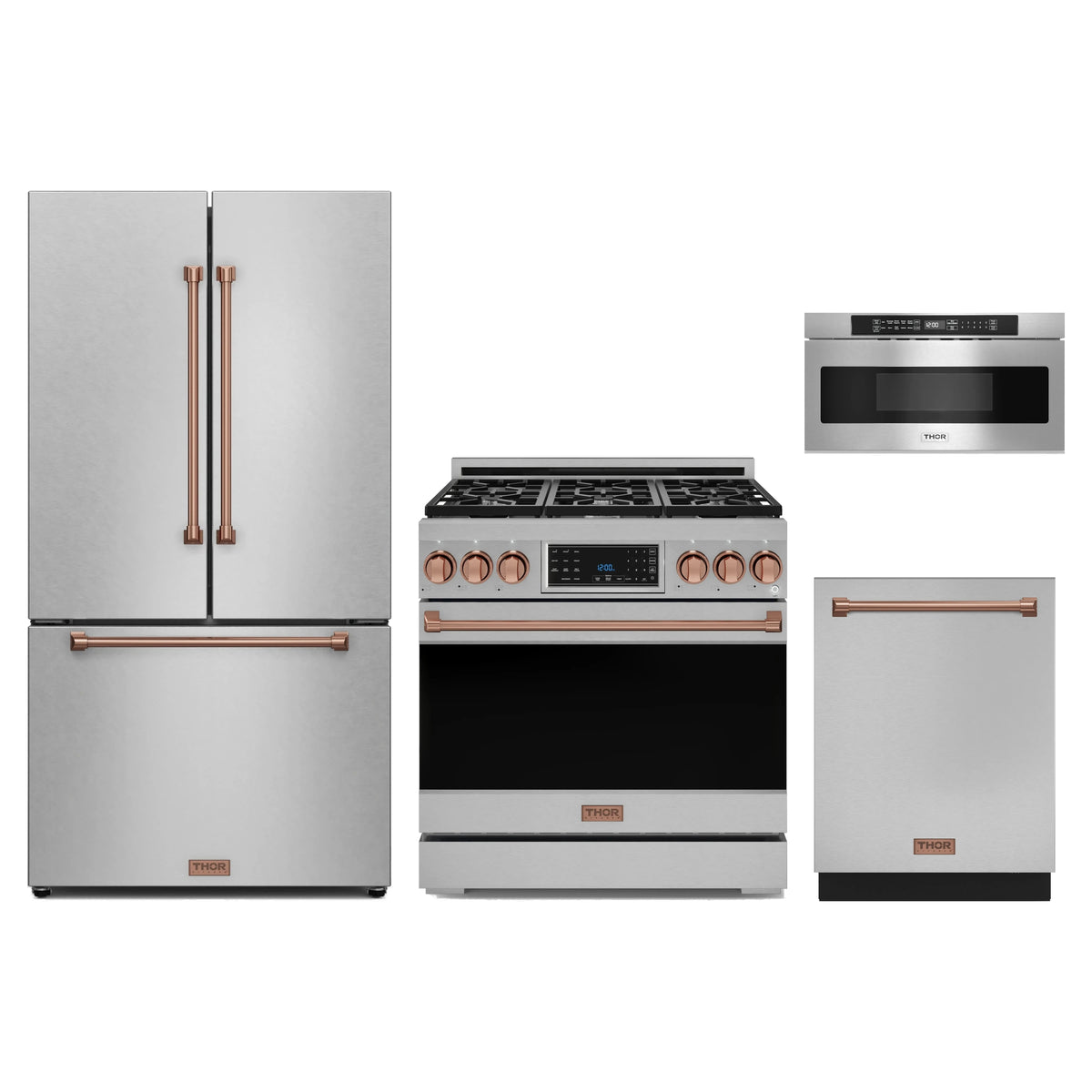 Gordon Ramsay by Thor Kitchen 4-Piece Appliance Package - 36-Inch Propane Gas Range with Tilt Panel, Counter-Depth Refrigerator, Dishwasher, & Microwave Drawer in Stainless Steel with Rose Gold Trim